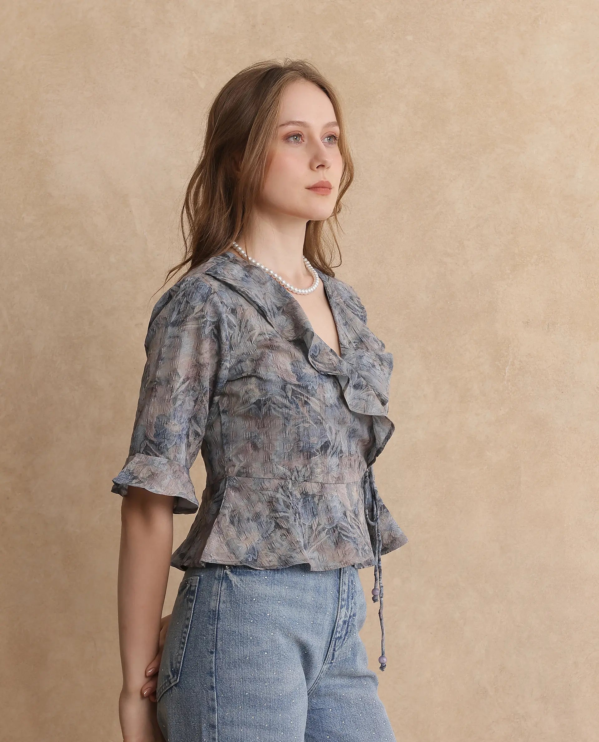 Rareism Women's Miben Dusky Multi Polyester Blend Ruffled Neck Floral Print Crop Regular Fit Top
