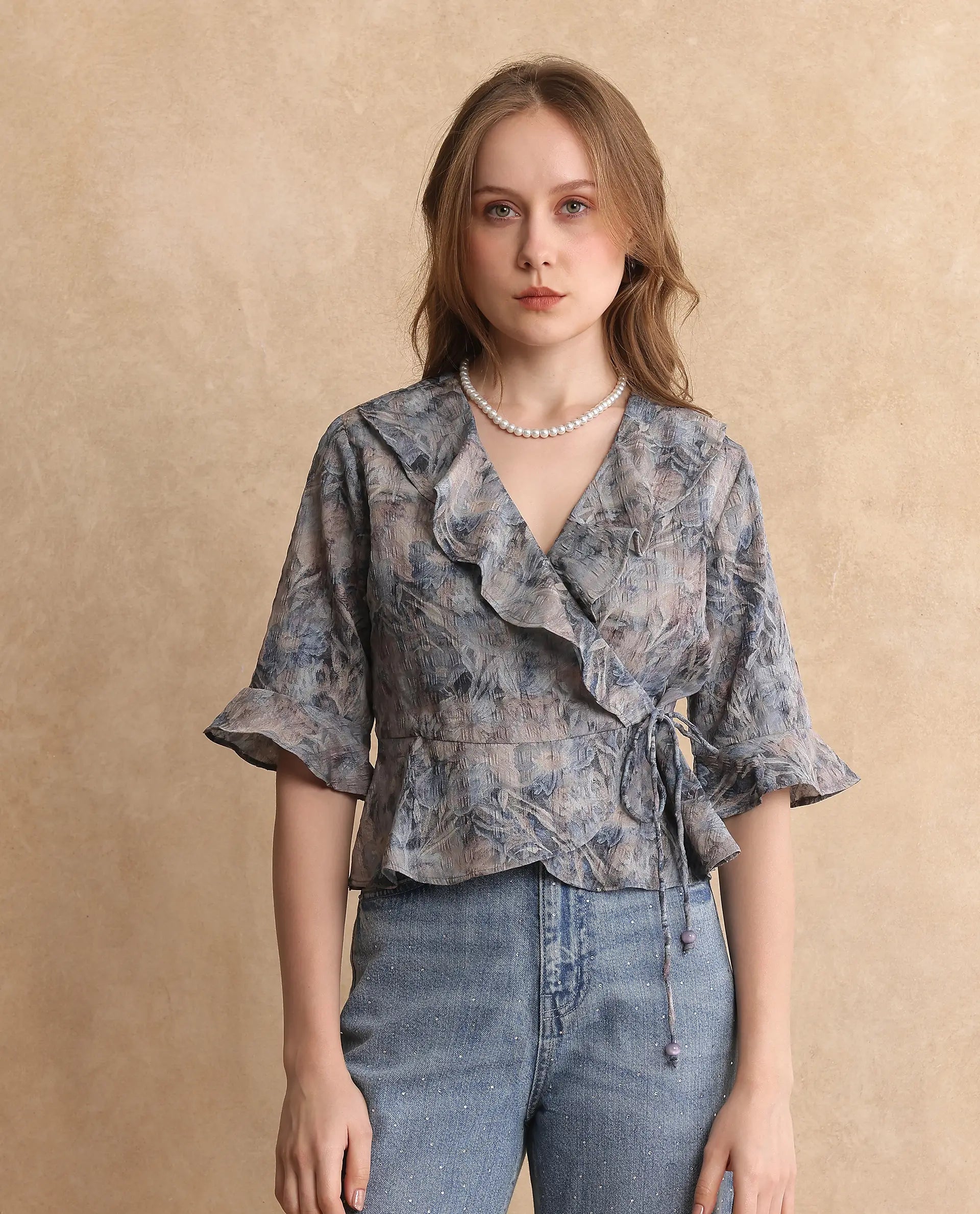 Rareism Women's Miben Dusky Multi Polyester Blend Ruffled Neck Floral Print Crop Regular Fit Top