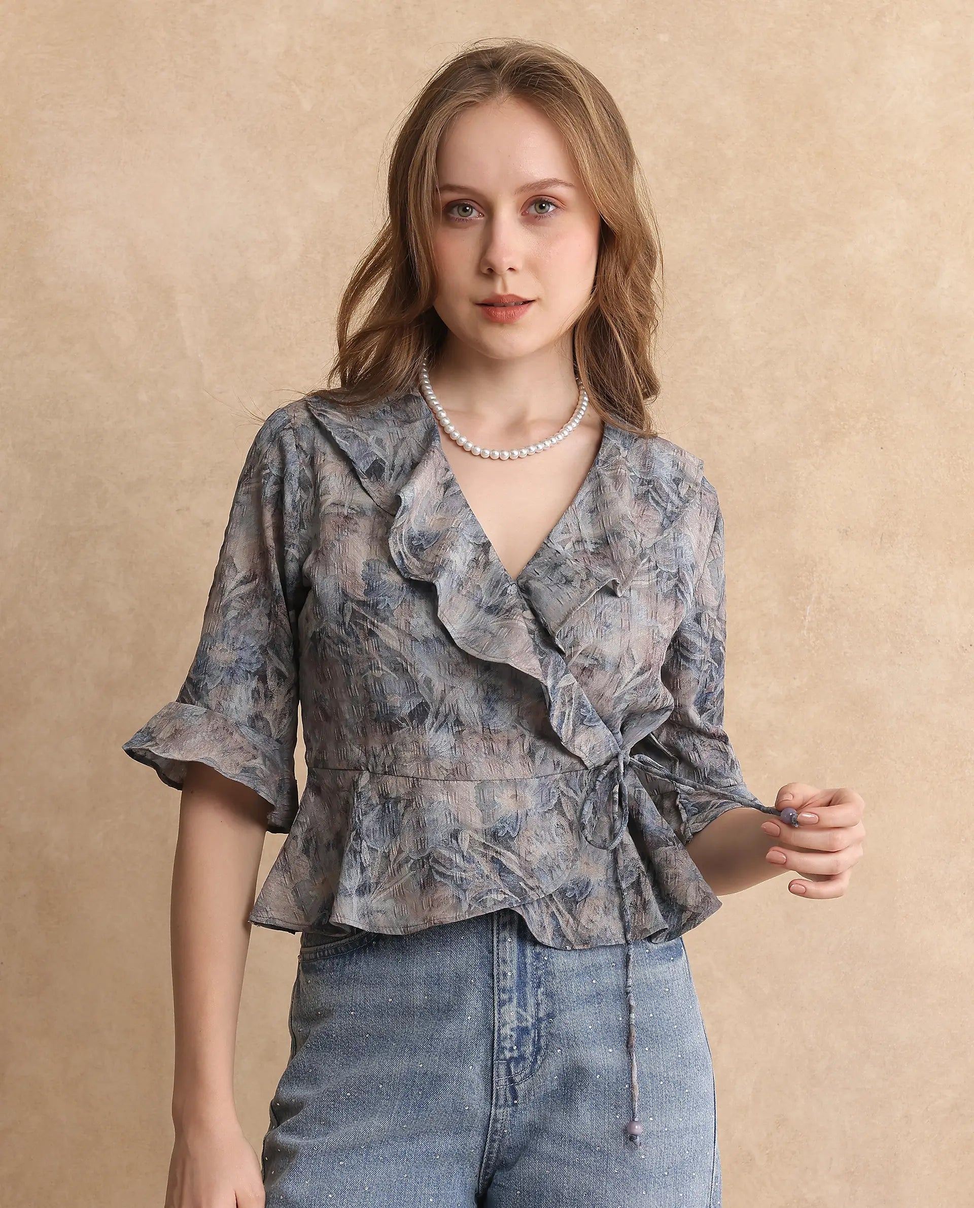 Rareism Women's Miben Dusky Multi Polyester Blend Ruffled Neck Floral Print Crop Regular Fit Top