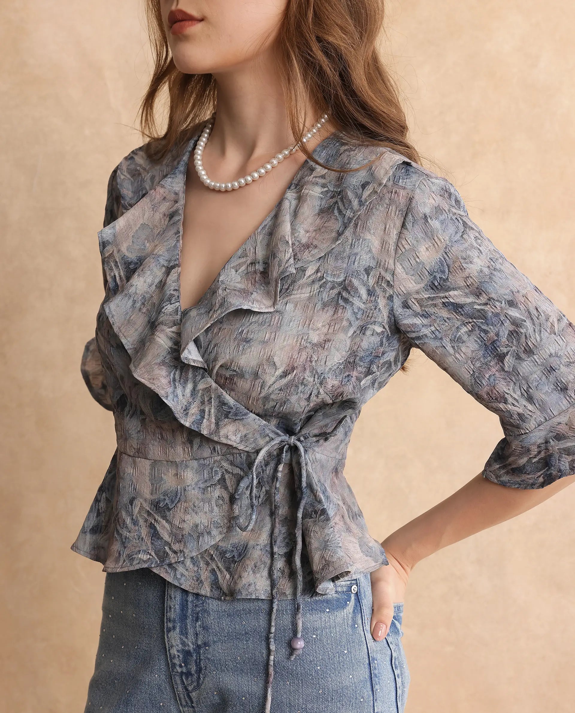 Rareism Women's Miben Dusky Multi Polyester Blend Ruffled Neck Floral Print Crop Regular Fit Top