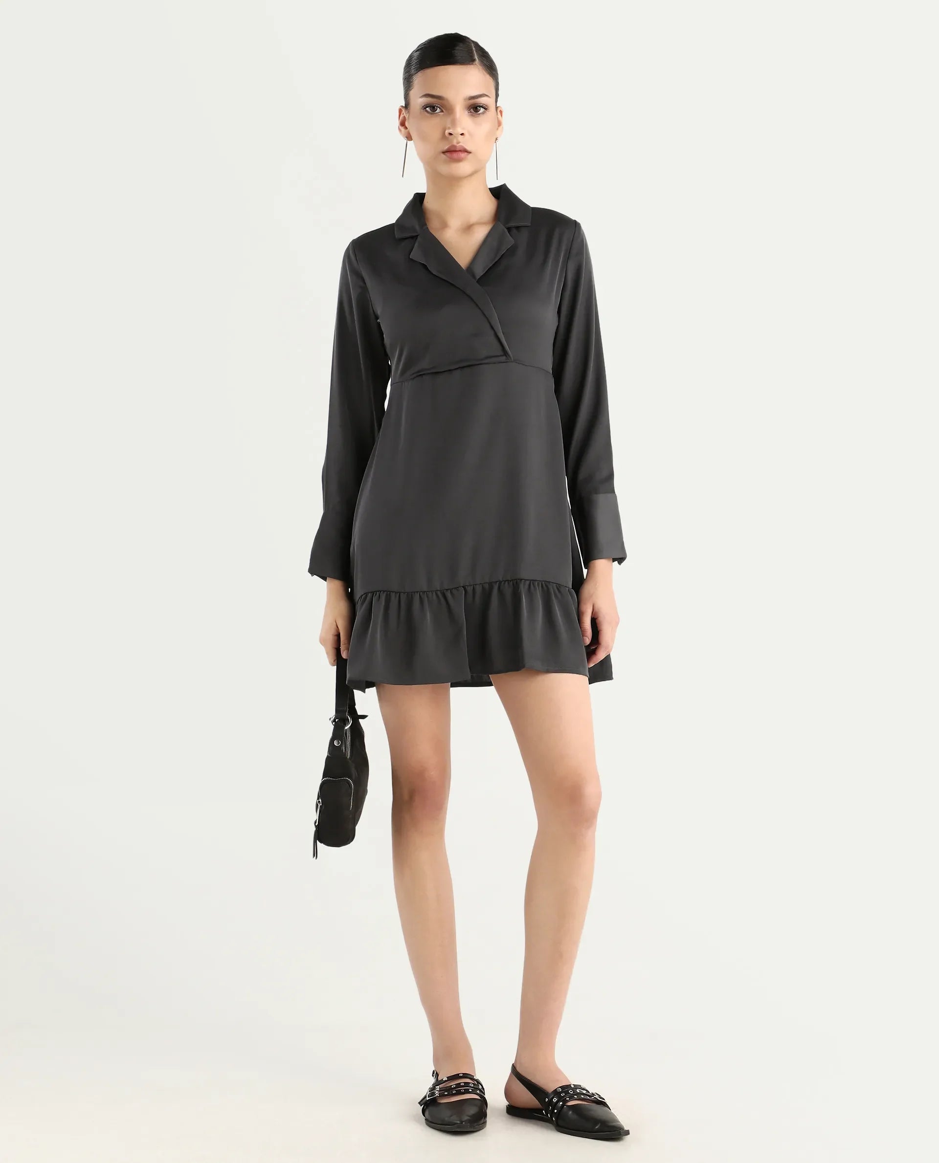 Rareism Women's Michiko Grey Satin Lapel Neck Plain Cuffed Sleeve Mini Fit And Flare Dress