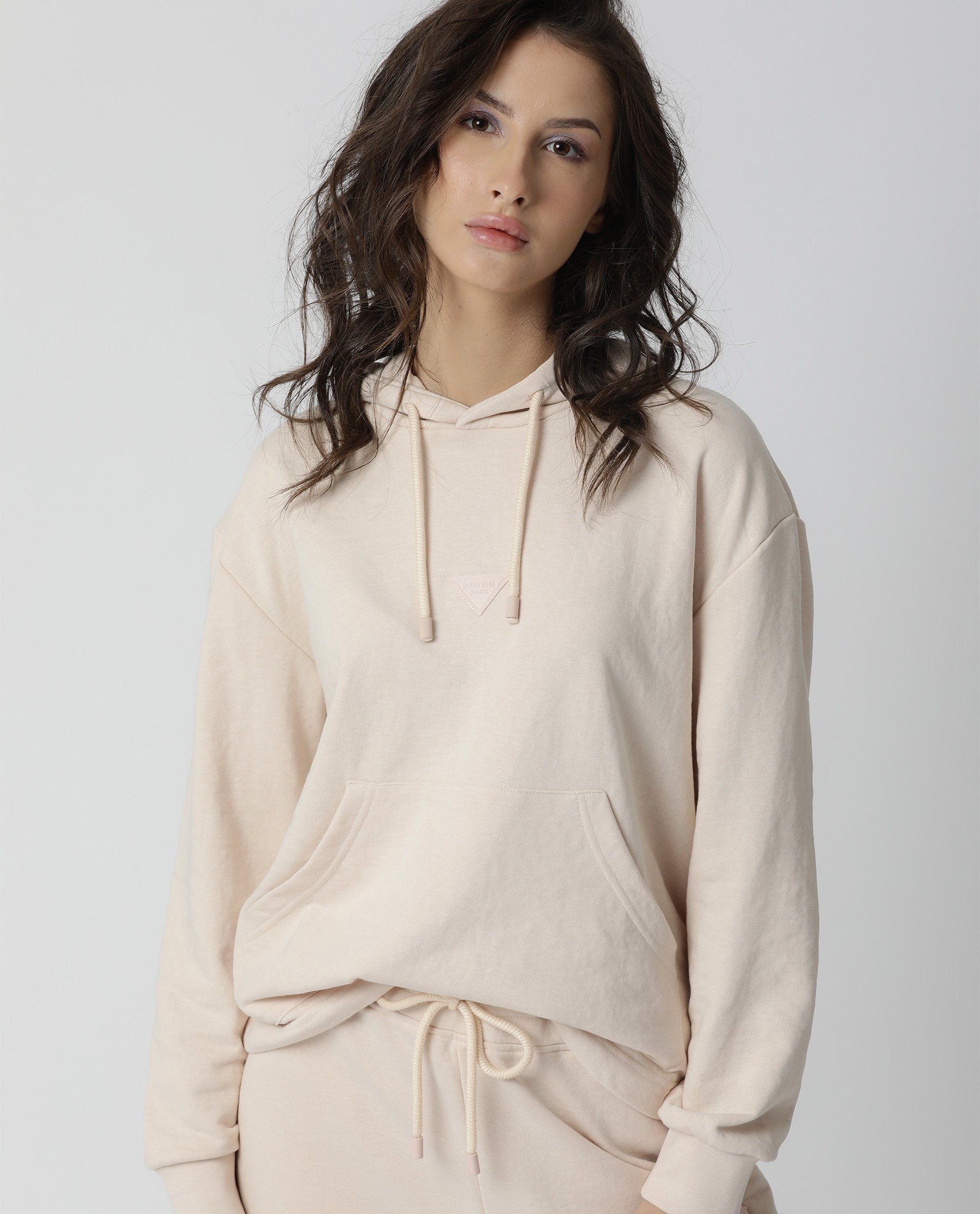 Rareism Women Wally Beige Poly Cotton Fabric Relaxed Fit Full Sleeves Solid Hooded Sweatshirt