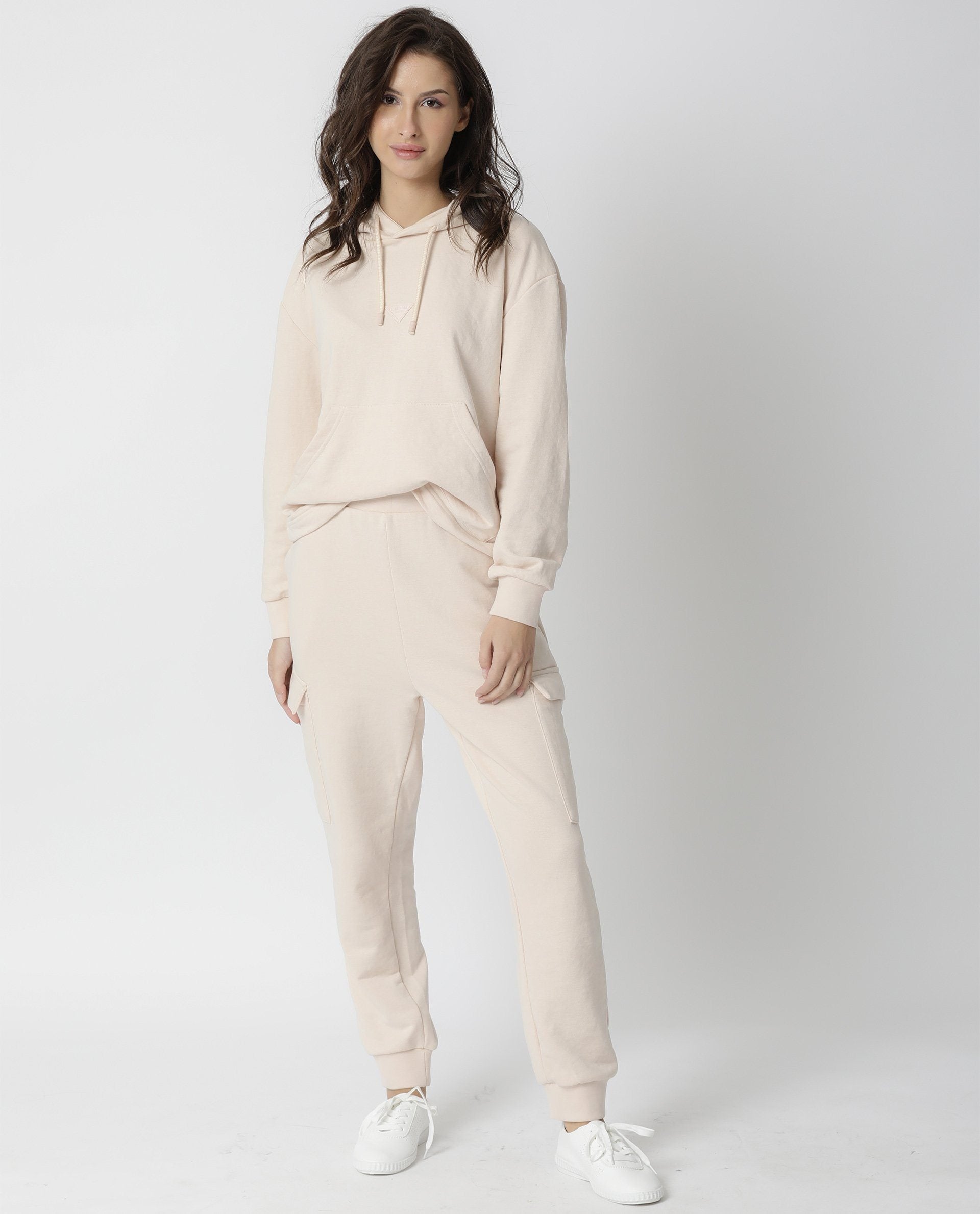 Rareism Women Wally Beige Poly Cotton Fabric Relaxed Fit Full Sleeves Solid Hooded Sweatshirt