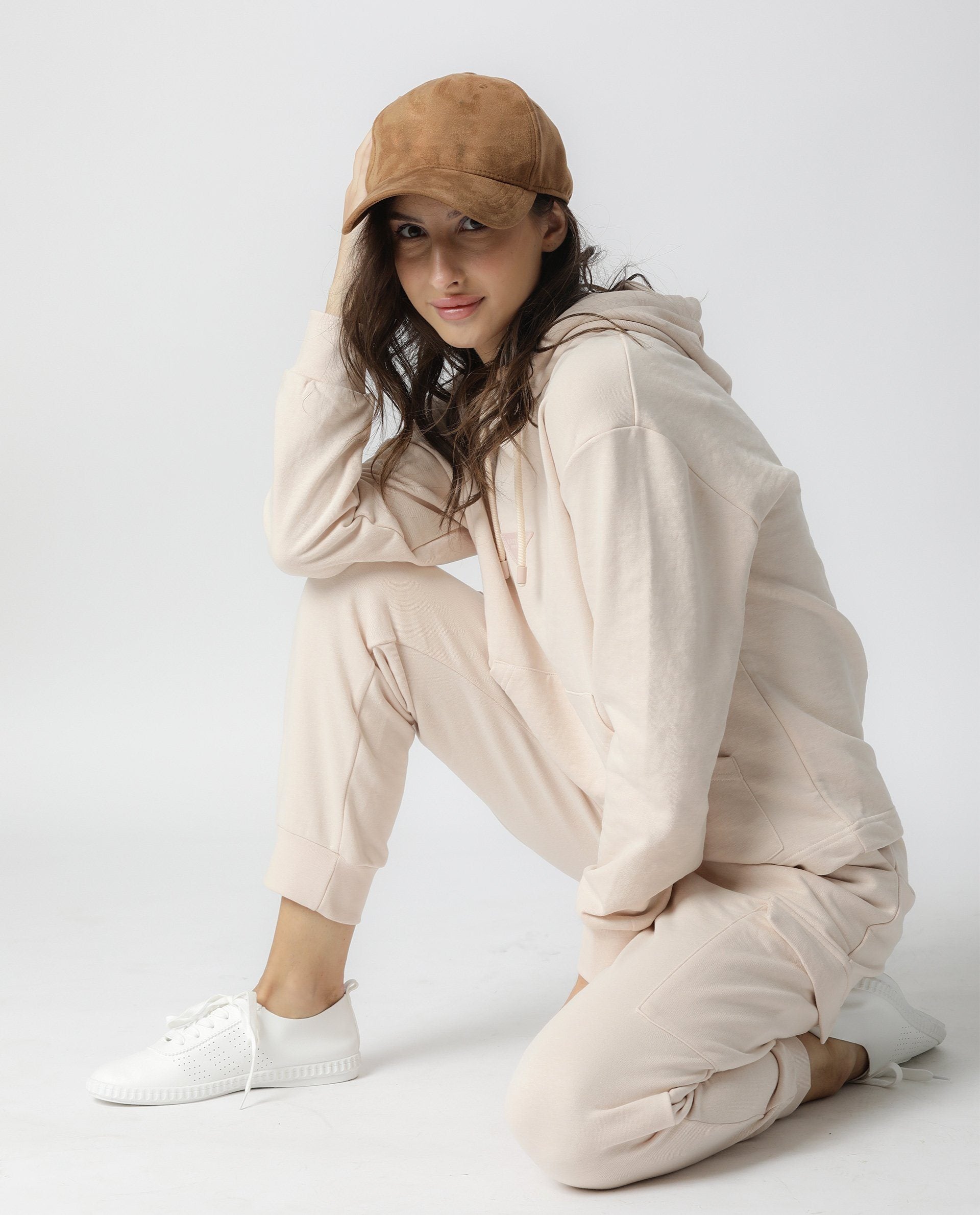 Rareism Women Wally Beige Poly Cotton Fabric Relaxed Fit Full Sleeves Solid Hooded Sweatshirt