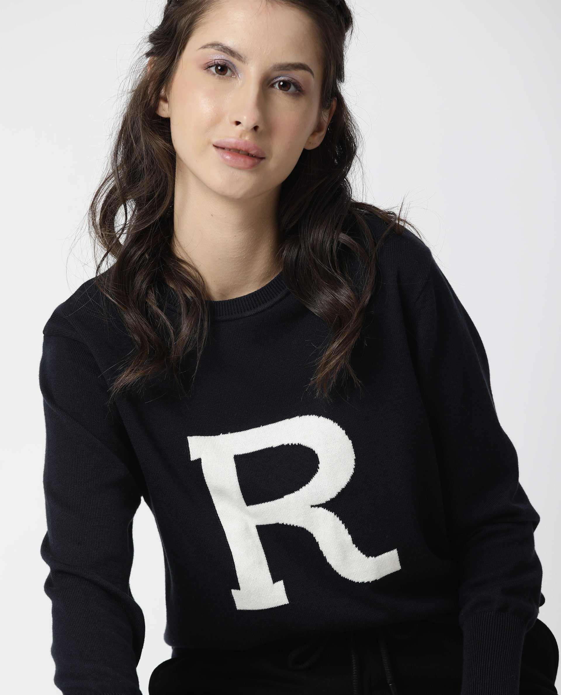 Rareism Women Plush Navy Sweater Full Sleeves
