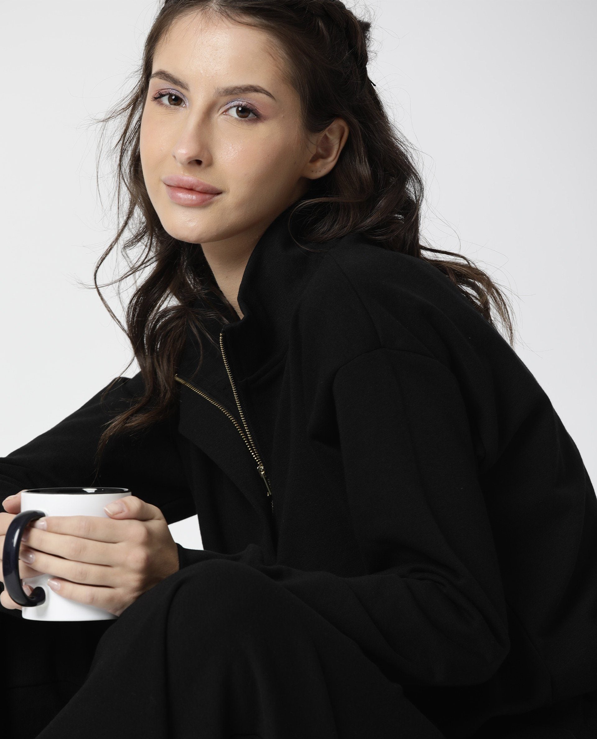 Rareism Women Taffy Black  Relaxed Fit Full Sleeves Solid High Neck Sweatshirt