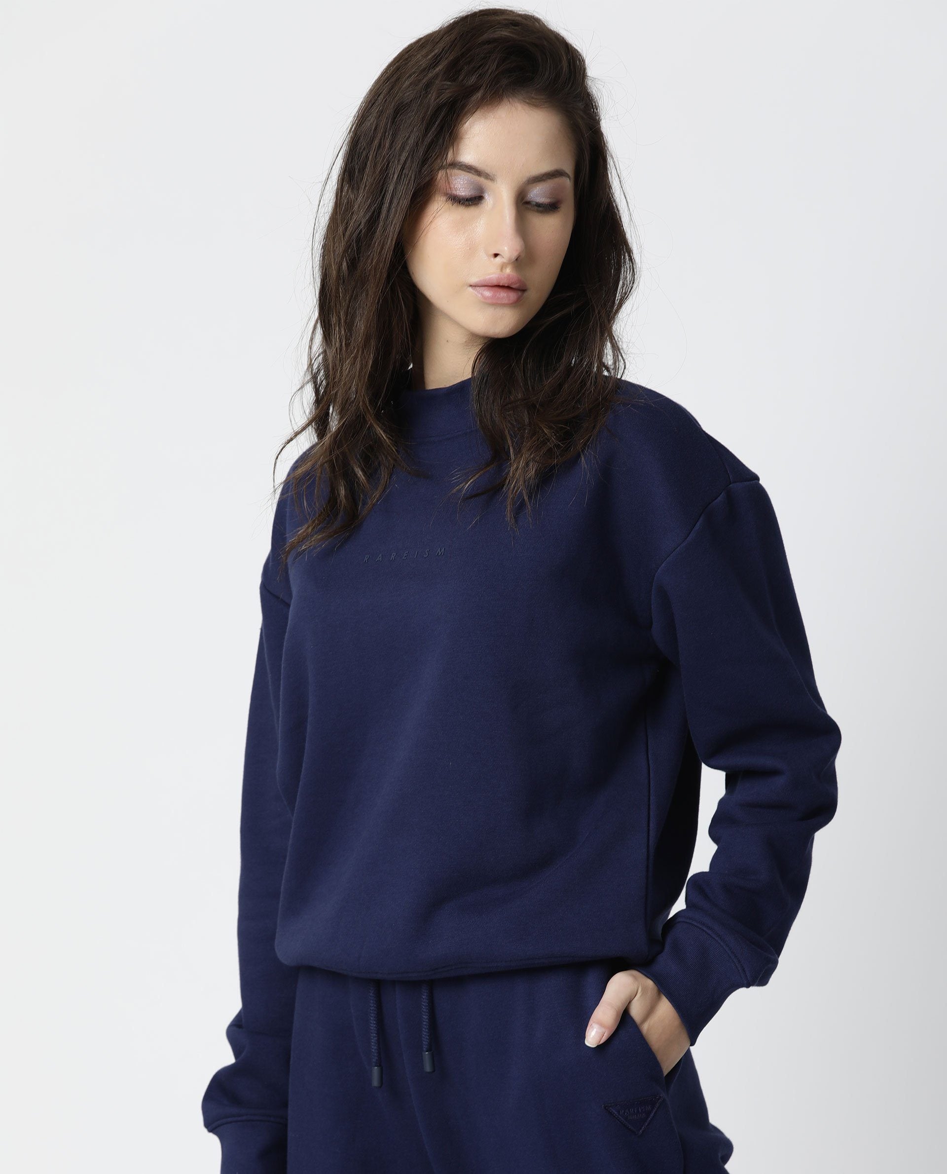 Rareism Womens Fury Blue Sweatshirt Relaxed Fit Full Sleeves