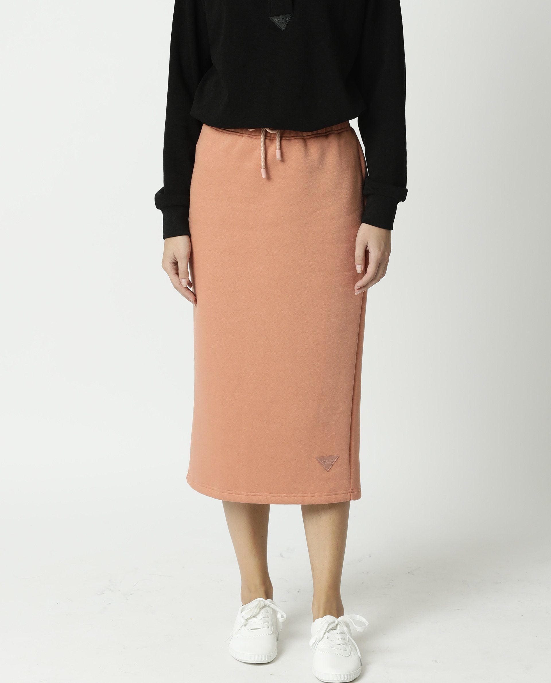 Rareism Women Fudge Orange Poly Cotton Fabric Tailored Fit High Rise Solid Midi Skirt