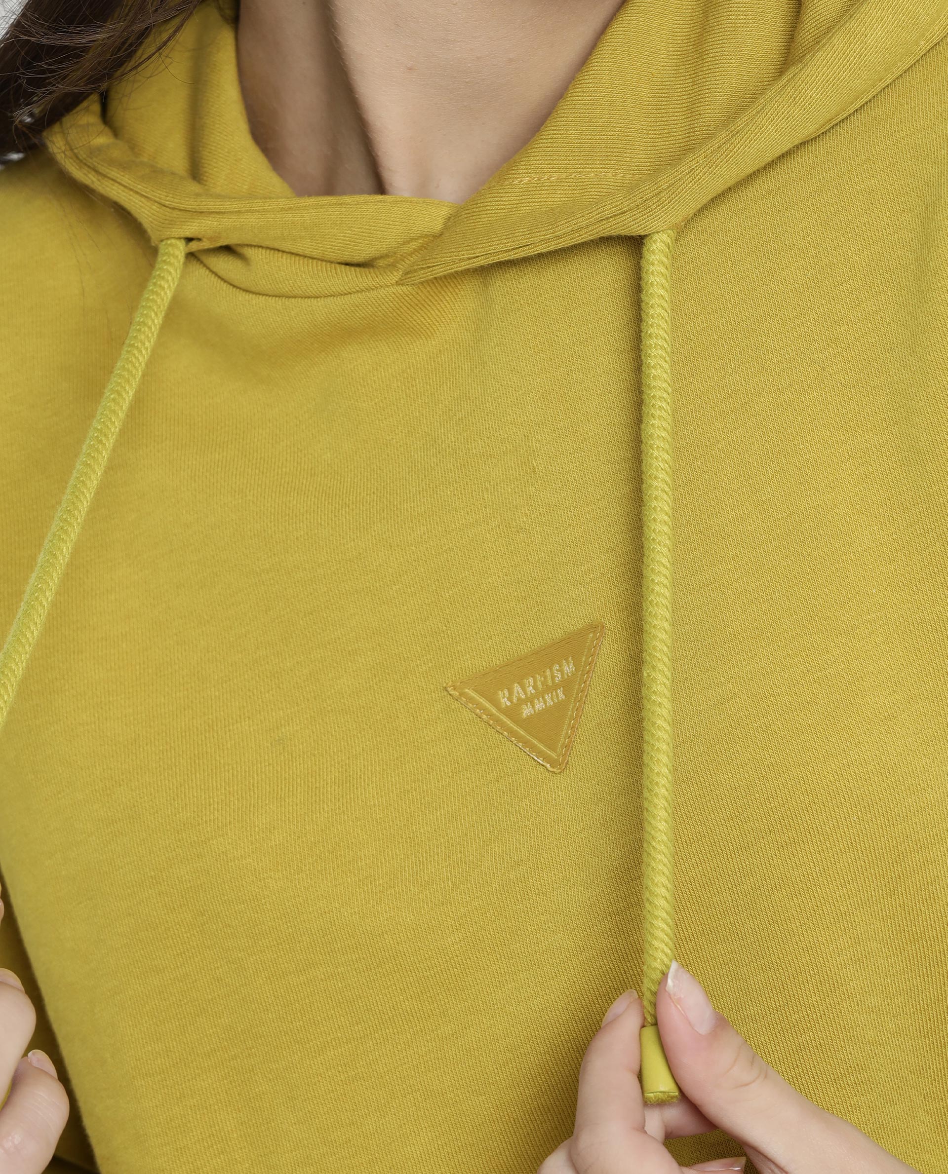 Rareism Women Wally Yellow Cotton Poly Fabric Relaxed Fit Full Sleeves Solid Hooded Sweatshirt