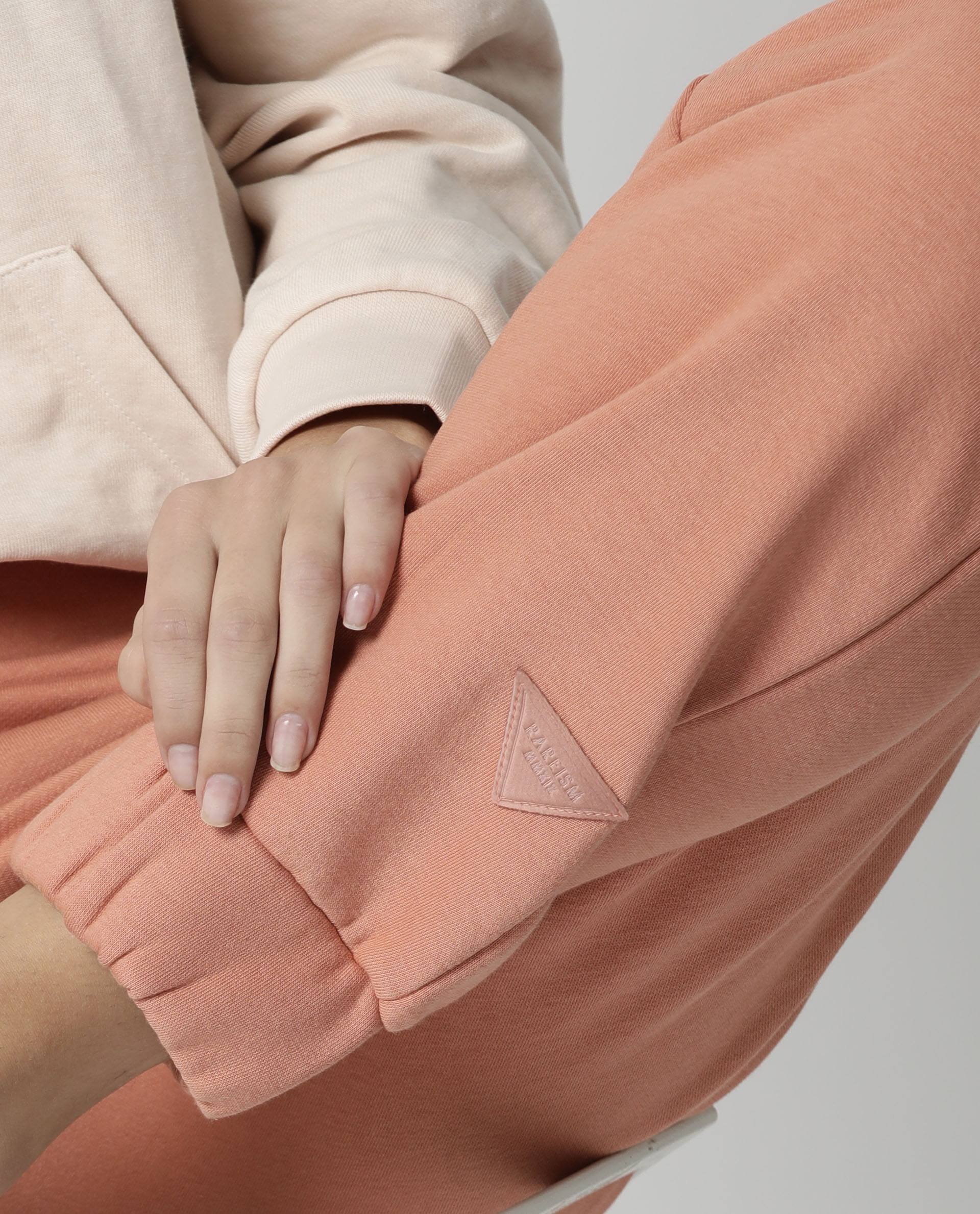 Rareism Women Neo Orange Poly Cotton Fabric Tailored Fit Solid Mid Rise Ankle Length Track Pant