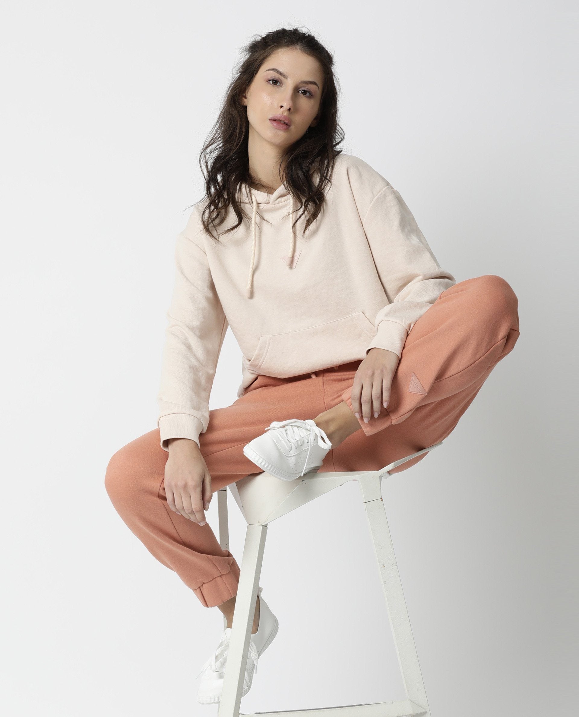 Rareism Women Neo Orange Poly Cotton Fabric Tailored Fit Solid Mid Rise Ankle Length Track Pant