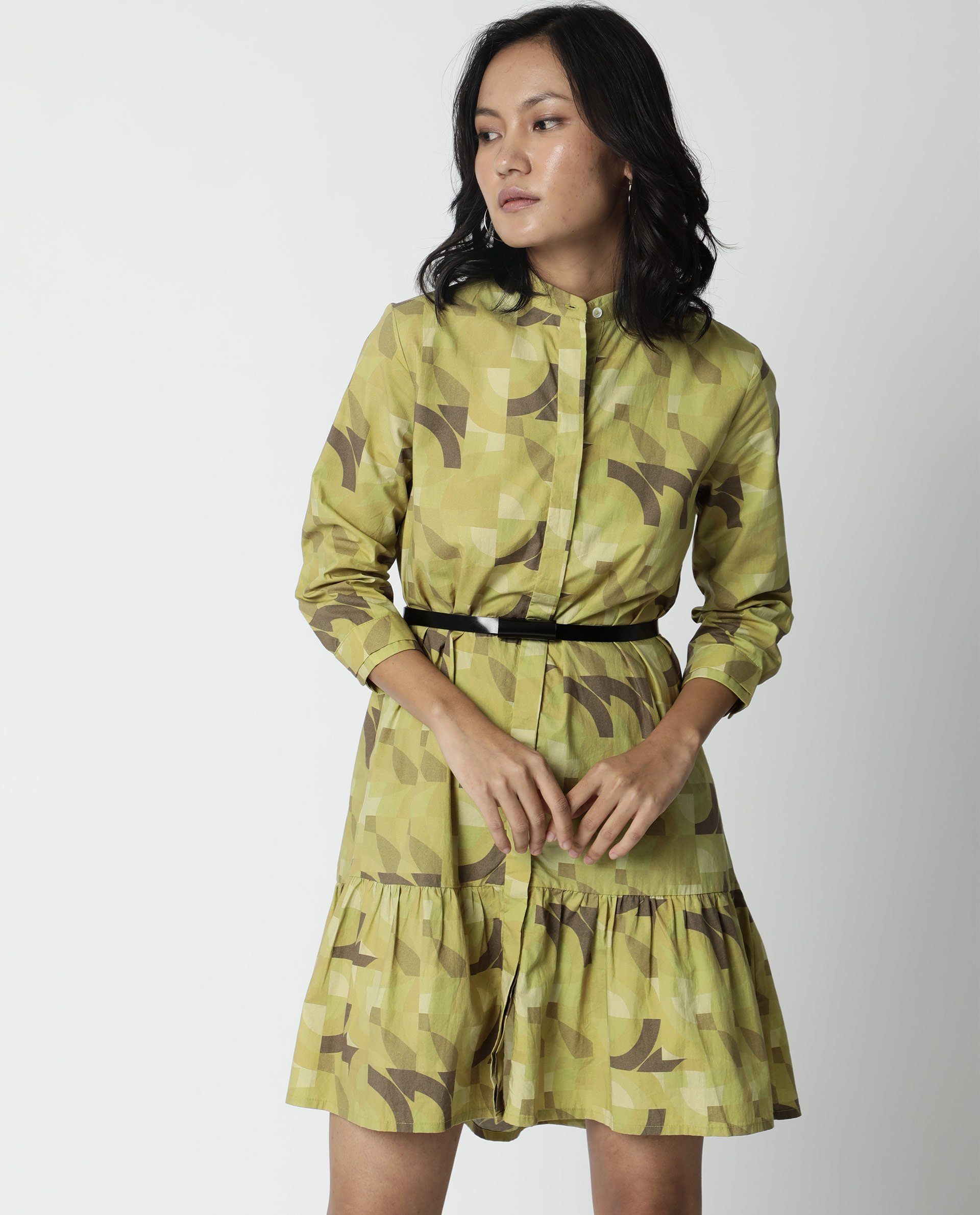 Rareism Women Ghost Green Dress Short Sleeves Printed