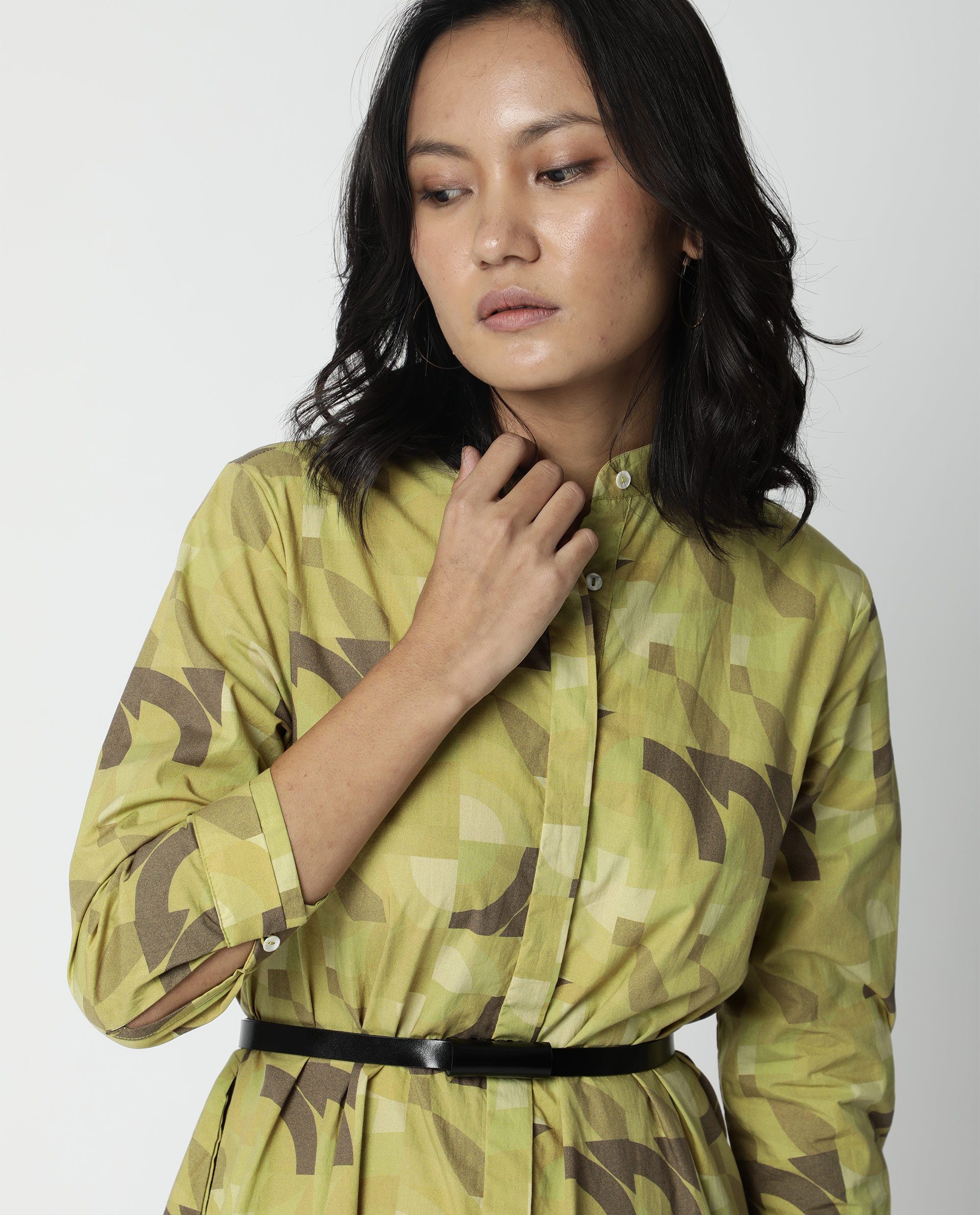 Rareism Women Ghost Green Dress Short Sleeves Printed