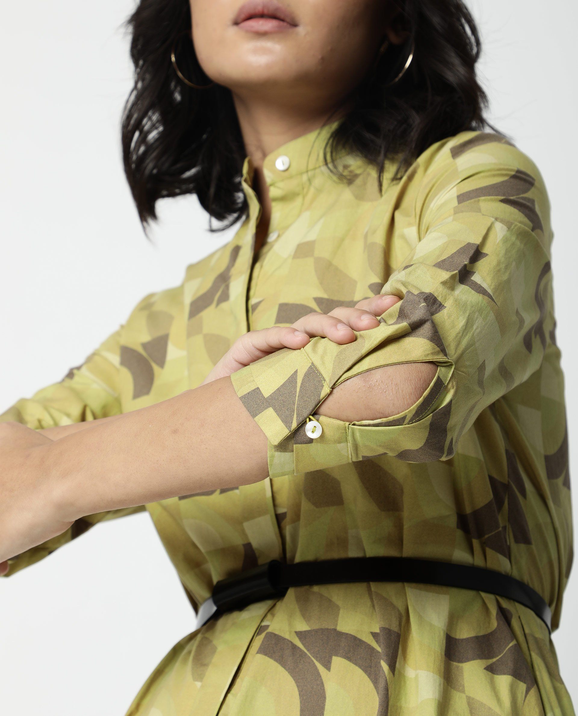 Rareism Women Ghost Green Dress Short Sleeves Printed