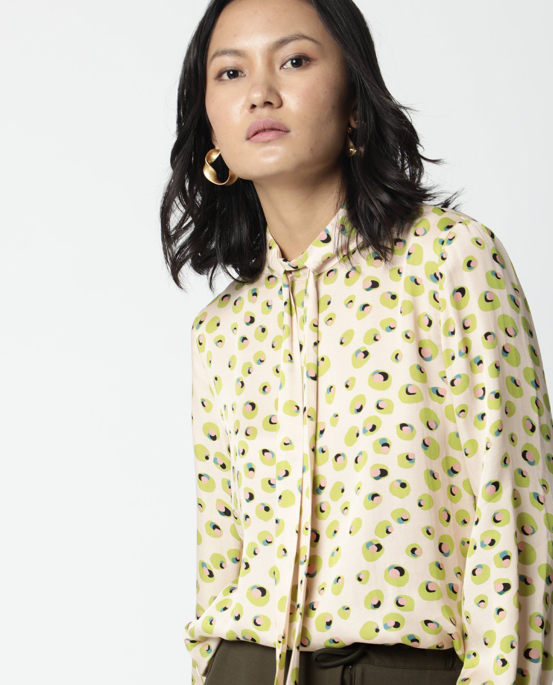 Rareism Womens Dewd Peach Top Abstract Print Cotton Blend Fabric Round Neck Long Sleeves