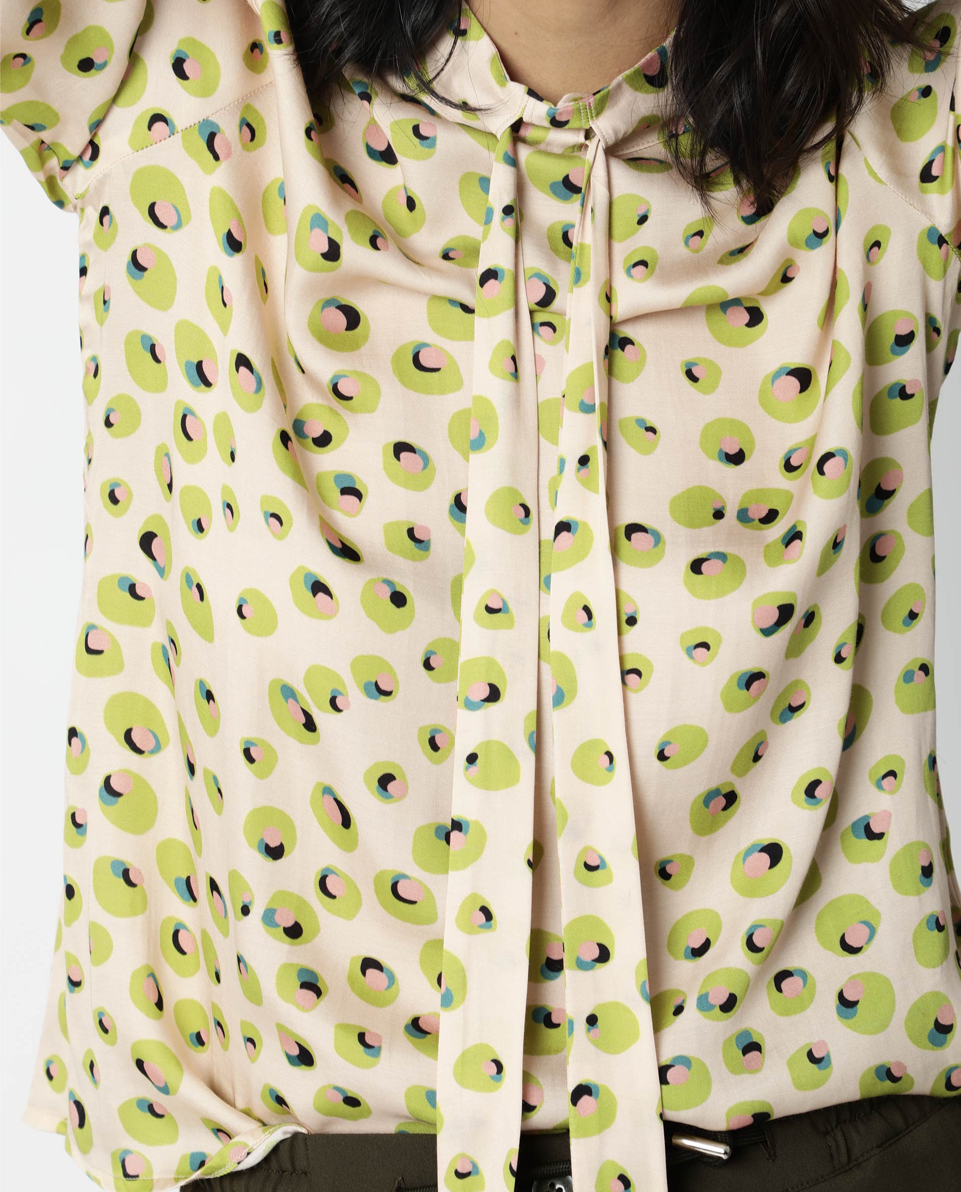 Rareism Womens Dewd Peach Top Abstract Print Cotton Blend Fabric Round Neck Long Sleeves