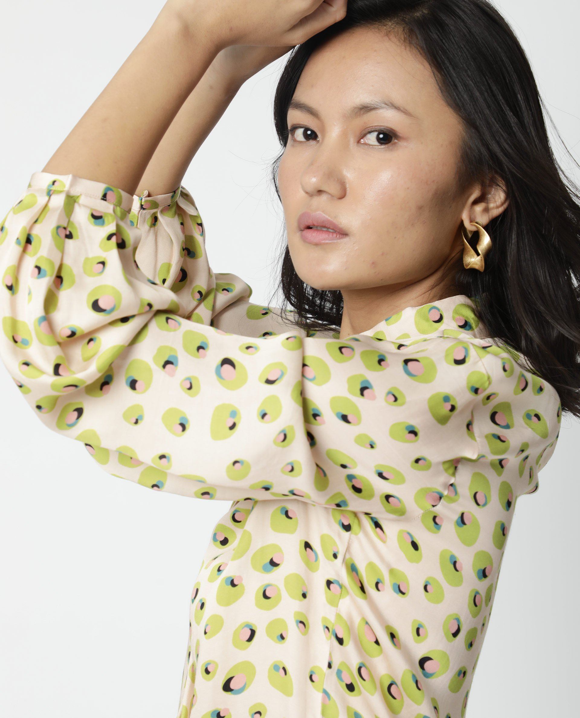 Rareism Womens Dewd Peach Top Abstract Print Cotton Blend Fabric Round Neck Long Sleeves