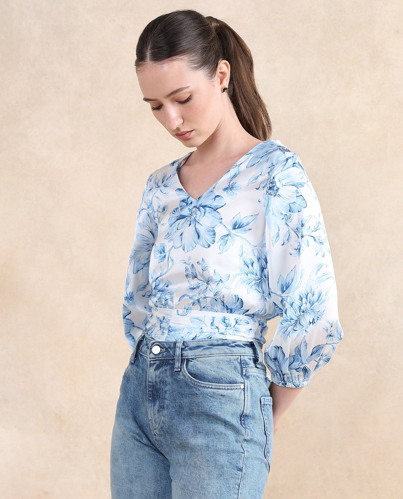 Rareism Women Milan Light Blue Bell Sleeves V-Neck  Cropped Floral Print Top