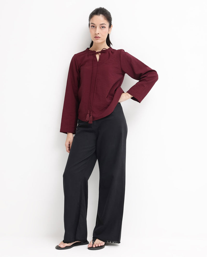 Rareism Women Mili Maroon Ruffled Sleeves Ruffled Neck Tie Up Closure Plain Top