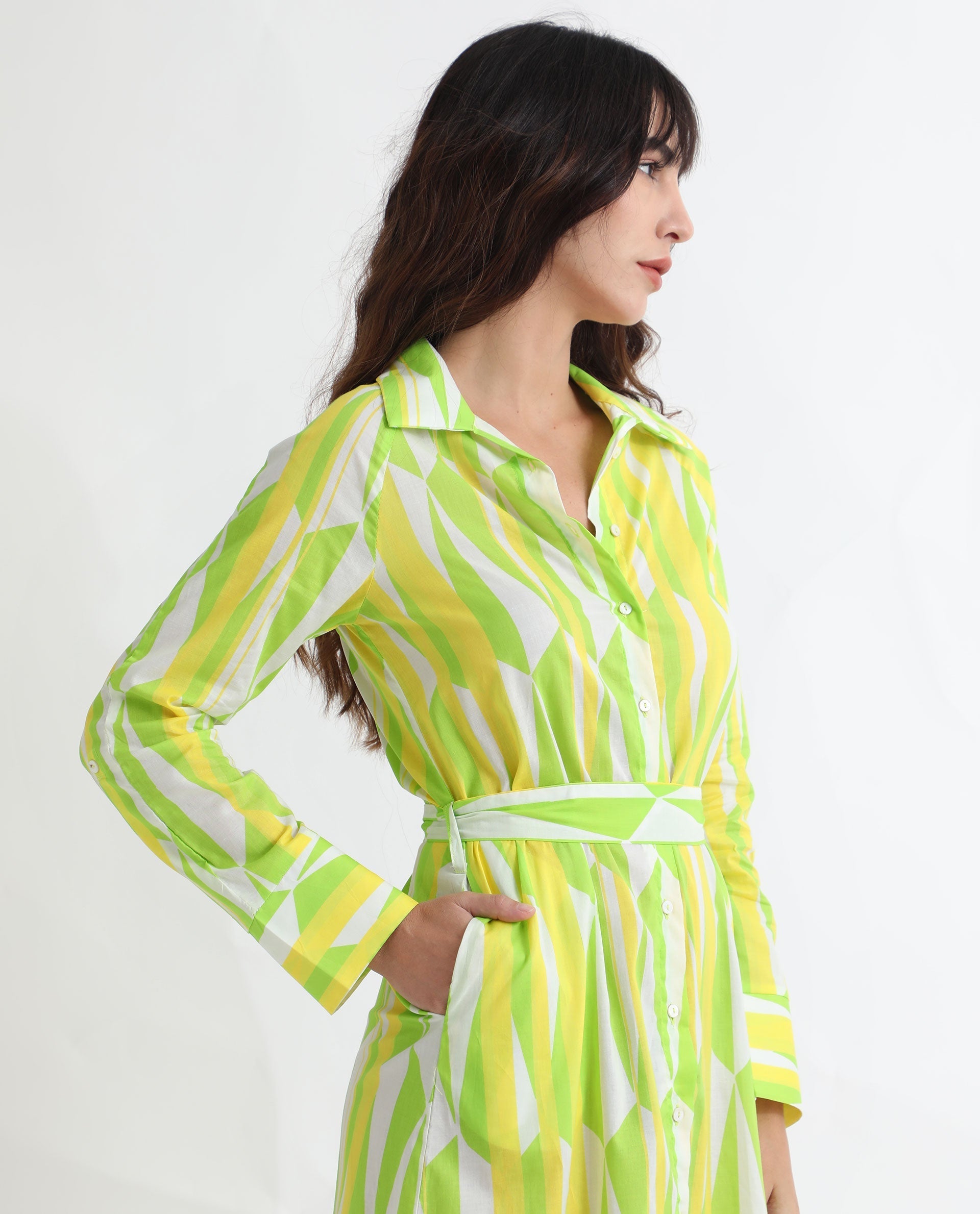 Rareism Women's Miller Multi Cotton Spread Collar Abstract Print Cuffed Sleeve Midi Regular Fit Dress