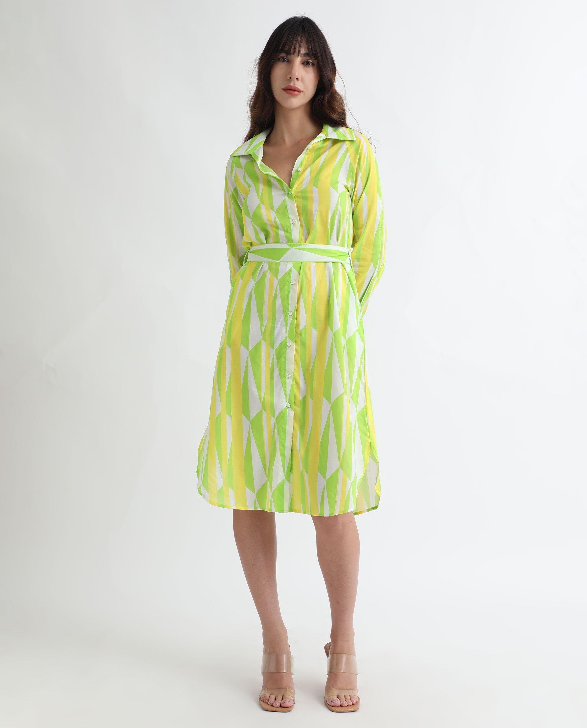 Rareism Women Miller Multi Cotton Fabric Full Sleeves Button Closure Shirt Collar Cuffed Sleeve Regular Fit Abstract Print Midi Boxy Dress