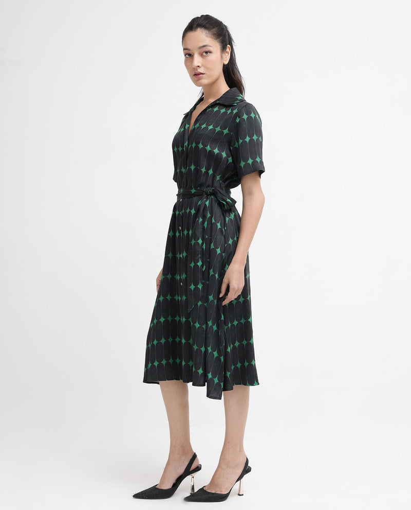 Rareism Women Millington Green Cotton Fabric Short Sleeve Collared Neck Geometric Print Longline Dress