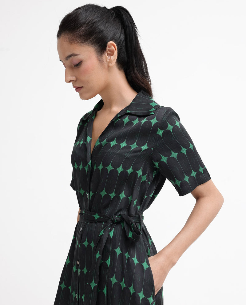 Rareism Women Millington Green Cotton Fabric Short Sleeve Collared Neck Geometric Print Longline Dress