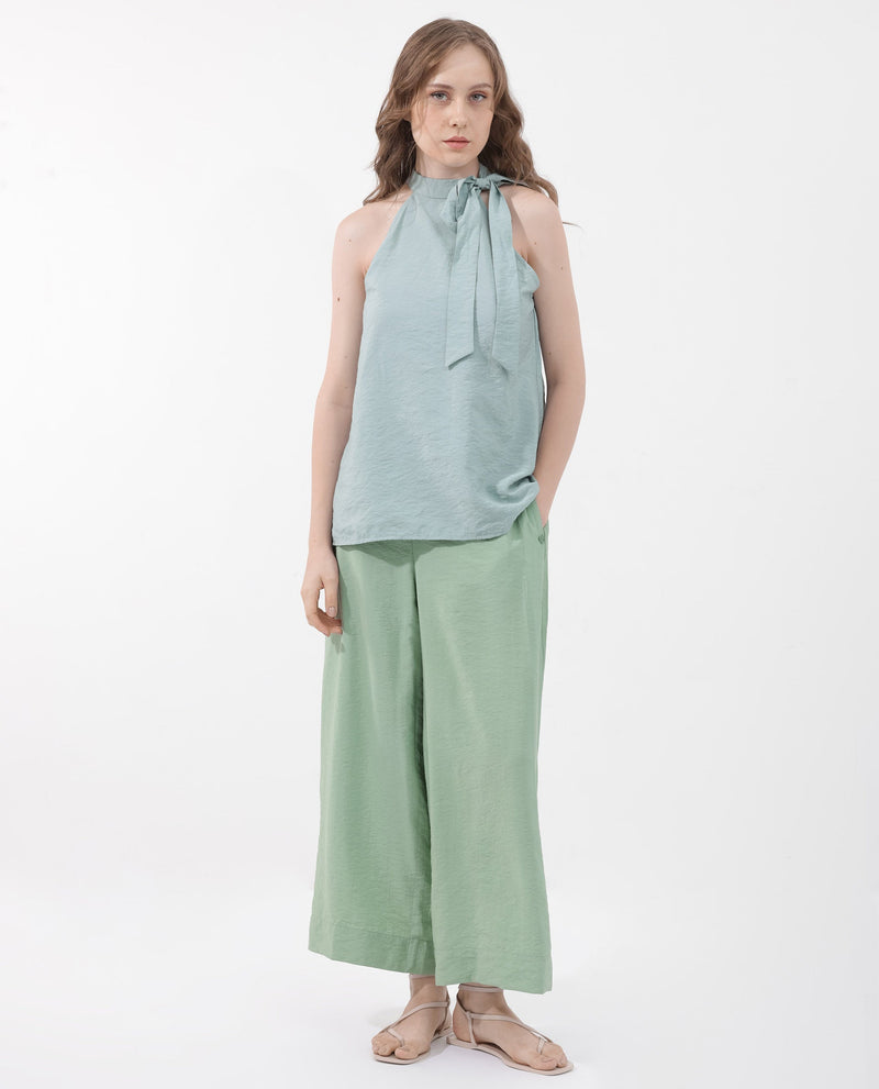 Rareism Women Millinia Pastel Green Viscose Nylon Fabric Button Closure Straight Fit Plain Ankle Length Trousers