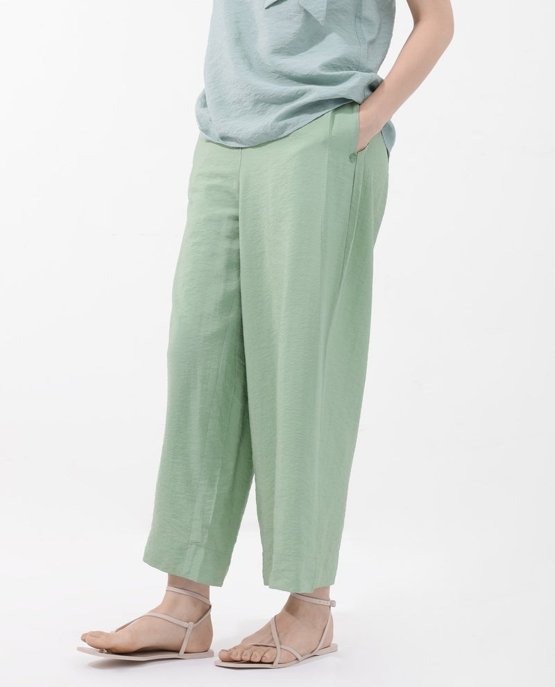 Rareism Women Millinia Pastel Green Viscose Nylon Fabric Button Closure Straight Fit Plain Ankle Length Trousers