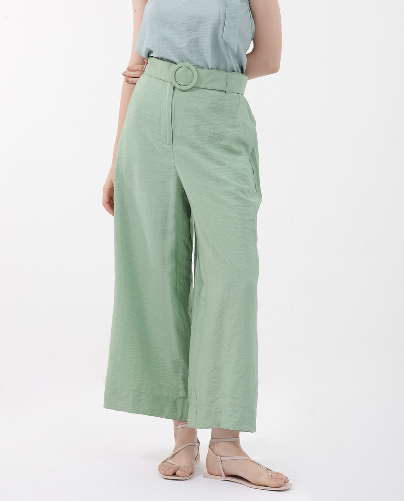 Rareism Women Millinia Pastel Green Viscose Nylon Fabric Button Closure Straight Fit Plain Ankle Length Trousers