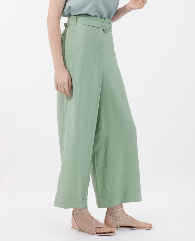 Rareism Women Millinia Pastel Green Viscose Nylon Fabric Button Closure Straight Fit Plain Ankle Length Trousers