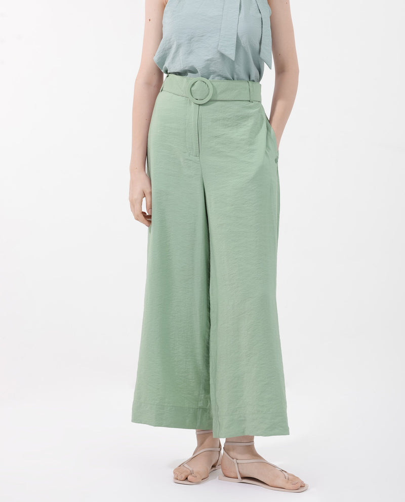 Rareism Women Millinia Pastel Green Viscose Nylon Fabric Button Closure Straight Fit Plain Ankle Length Trousers