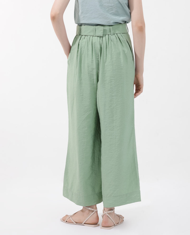 Rareism Women Millinia Pastel Green Viscose Nylon Fabric Button Closure Straight Fit Plain Ankle Length Trousers