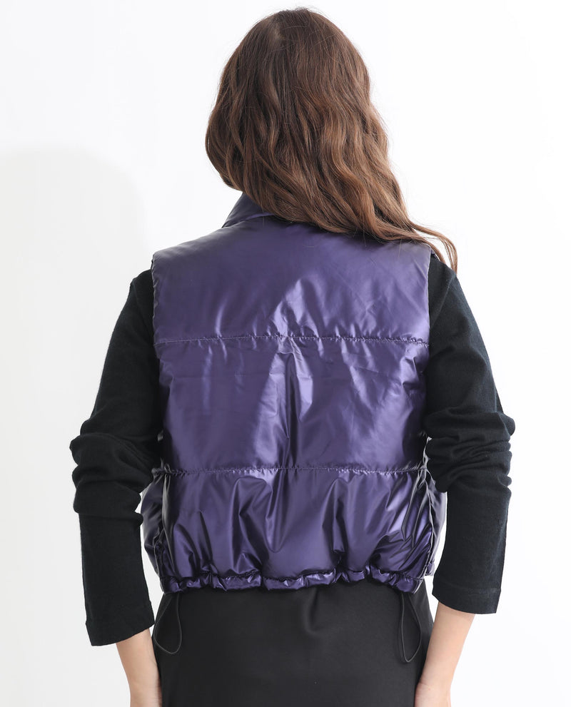 Rareism Women Mindy Purple Polyester Fabric Sleeveless Solid High Neck Jacket