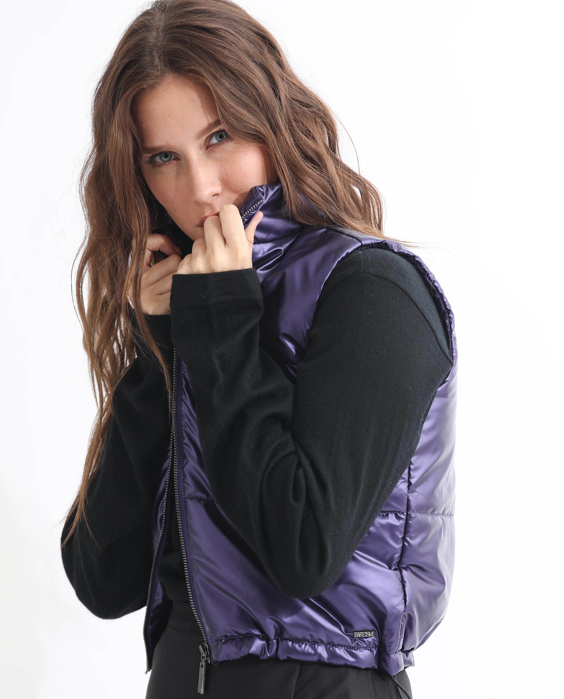 Rareism Women's Mindy Purple Polyester High Neck Plain Sleeveless Regular Fit Jacket