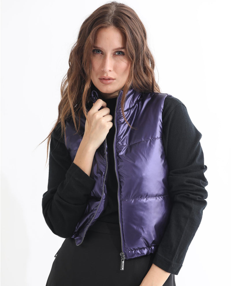 Rareism Women Mindy Purple Polyester Fabric Sleeveless Solid High Neck Jacket