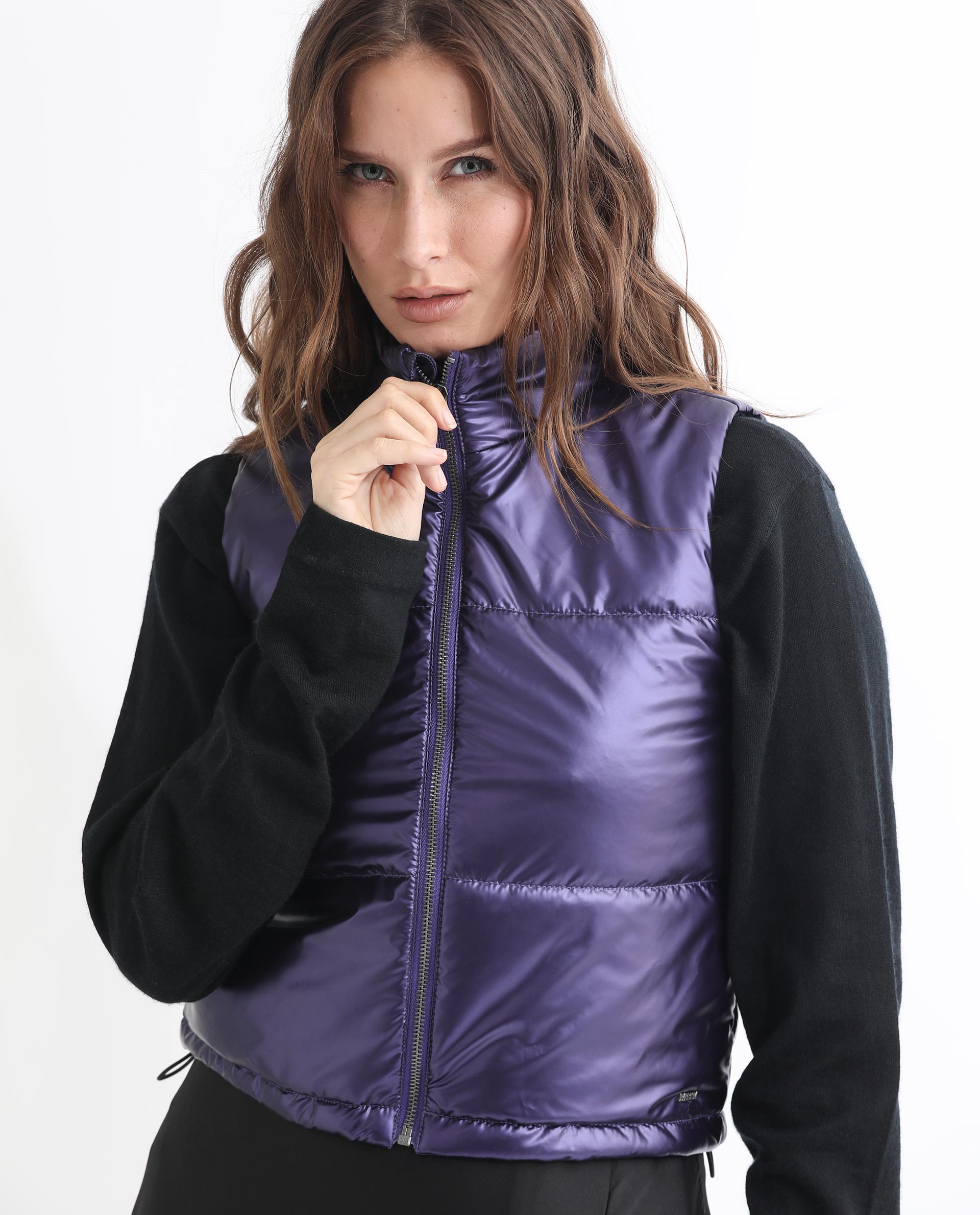 Rareism Women's Mindy Purple Polyester High Neck Plain Sleeveless Regular Fit Jacket