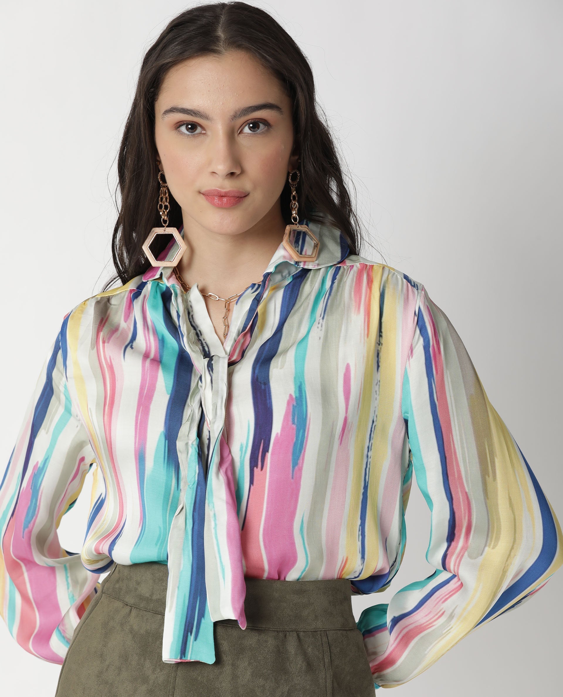 Rareism Womens Mingo Multi Top Modal Satin Fabric Regular Fit Volume Sleeve Tie Up