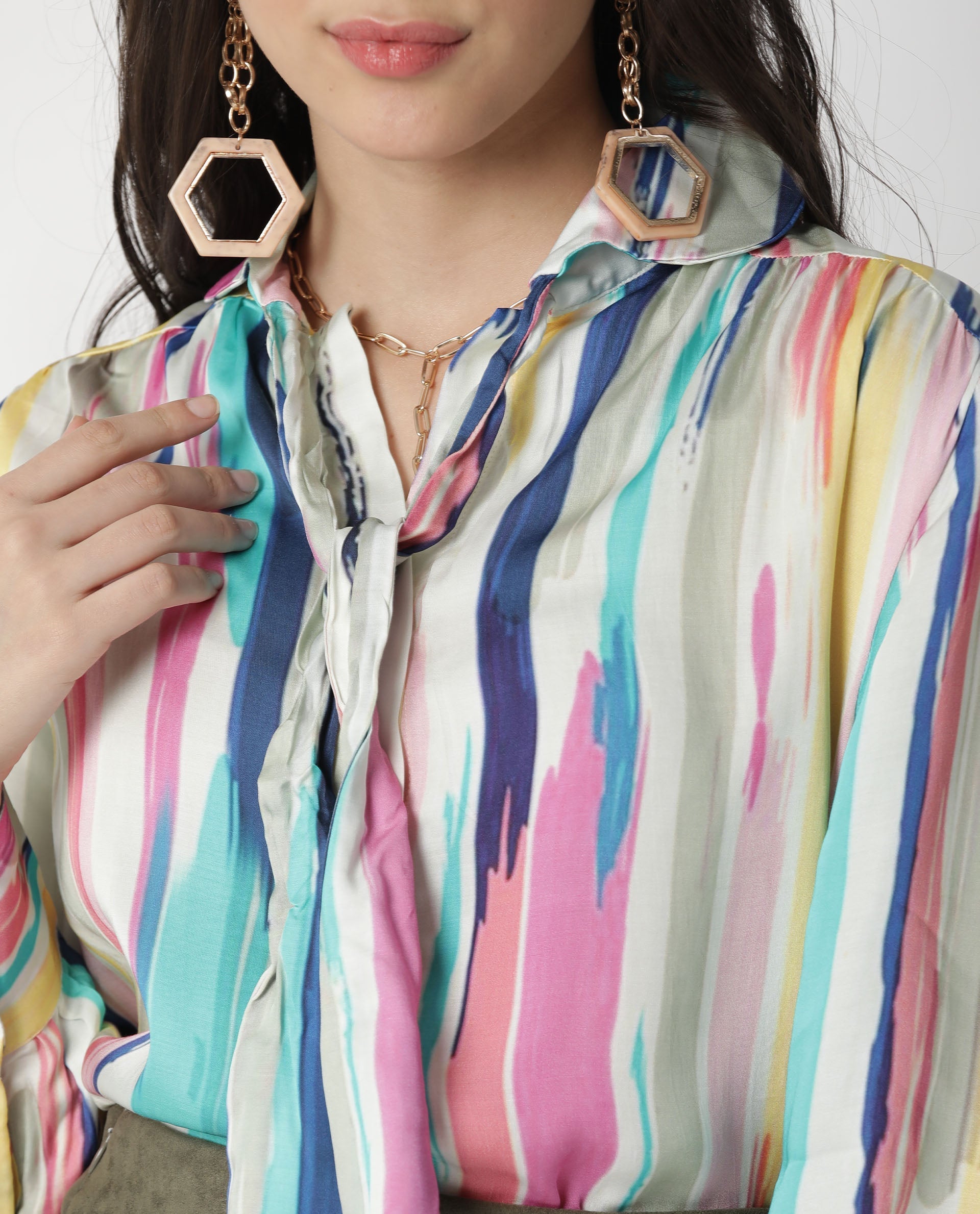 Rareism Womens Mingo Multi Top Modal Satin Fabric Regular Fit Volume Sleeve Tie Up