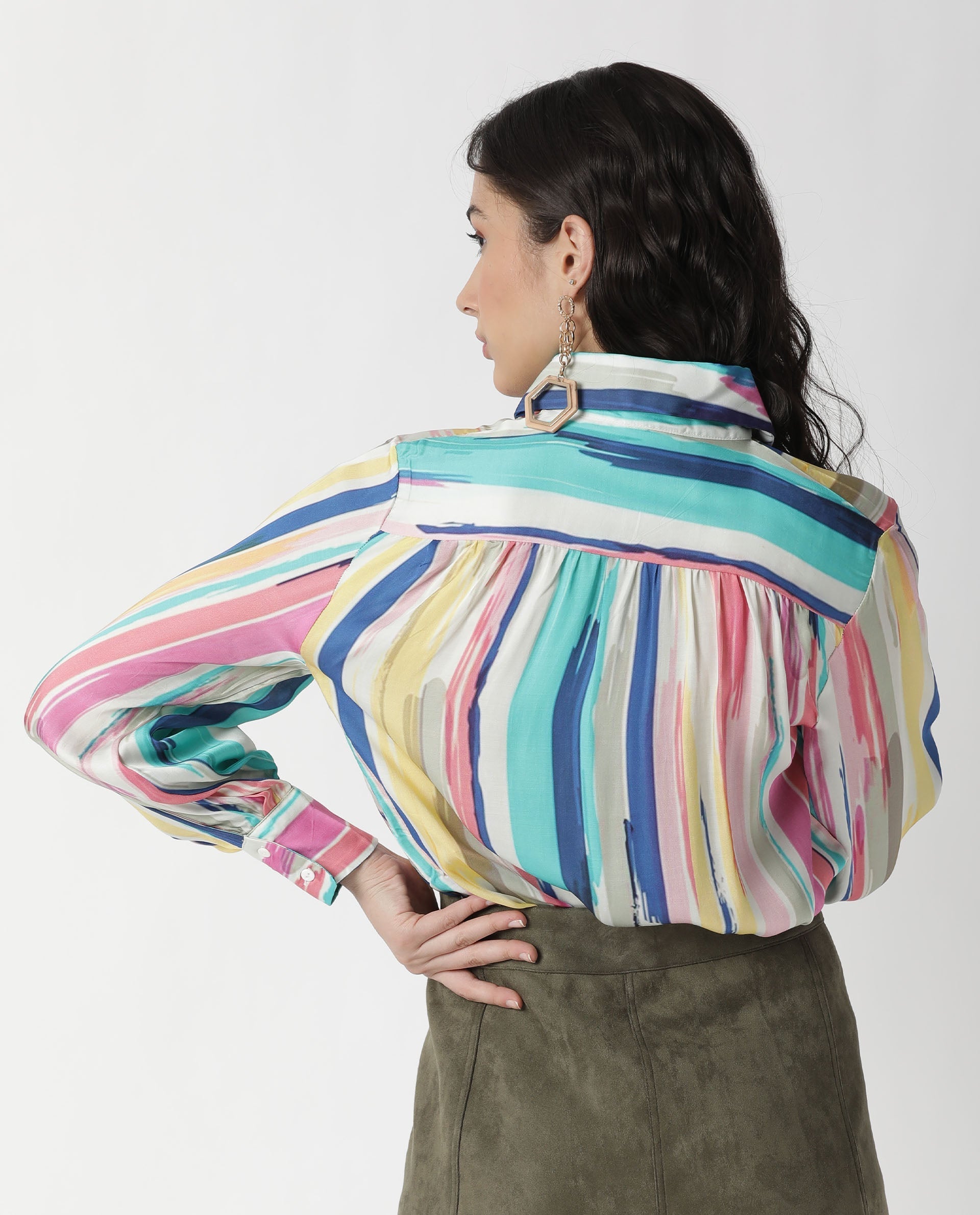 Rareism Womens Mingo Multi Top Modal Satin Fabric Regular Fit Volume Sleeve Tie Up