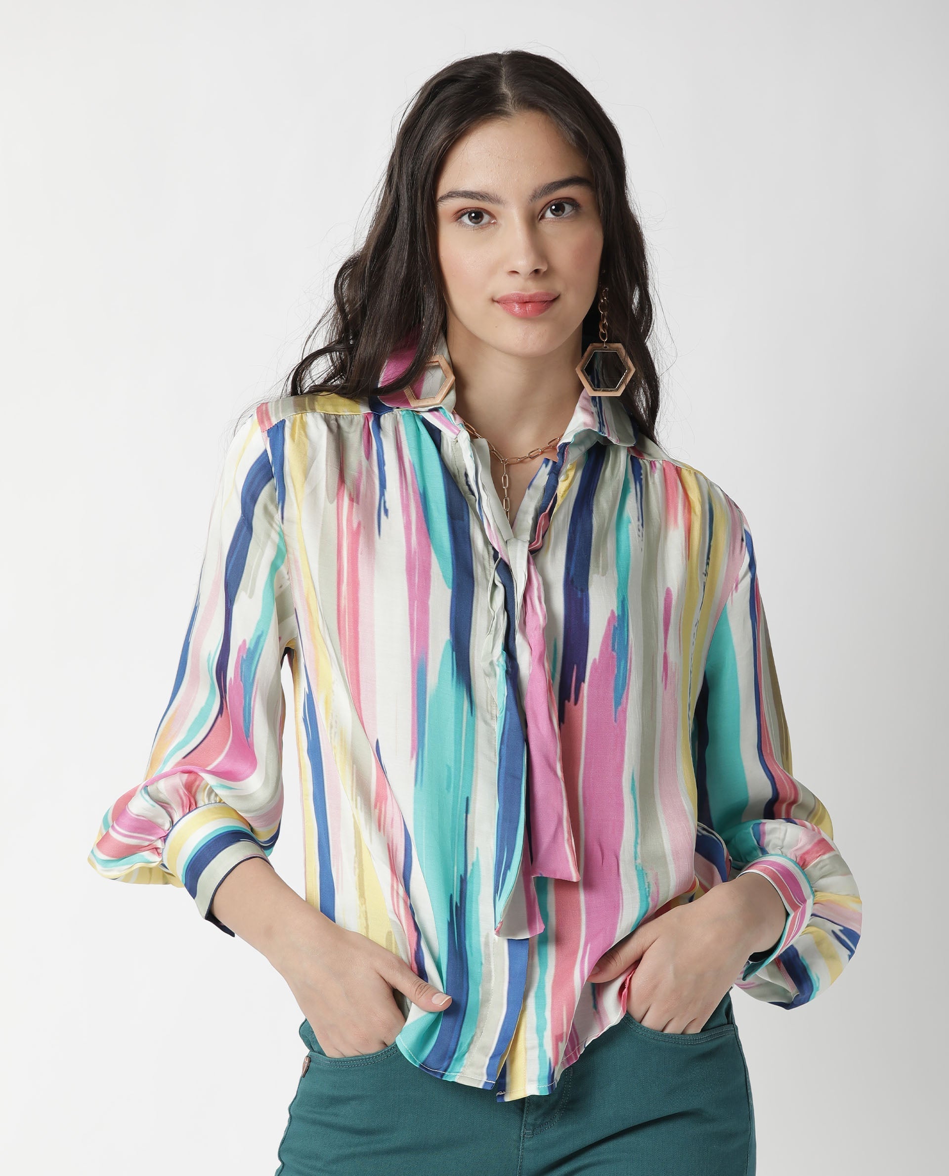 Rareism Womens Mingo Multi Top Modal Satin Fabric Regular Fit Volume Sleeve Tie Up