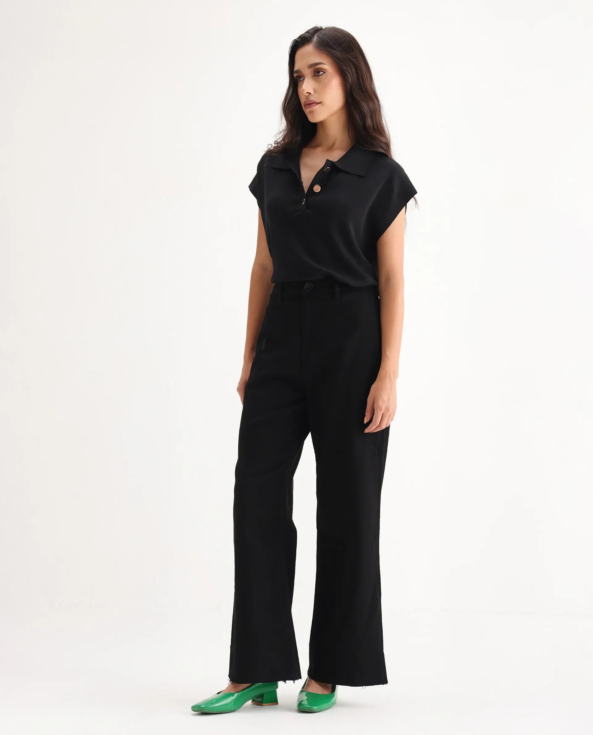 Rareism Women's Miniko Black Cotton Blend Plain Ankle Length Effortless Wide Jeans