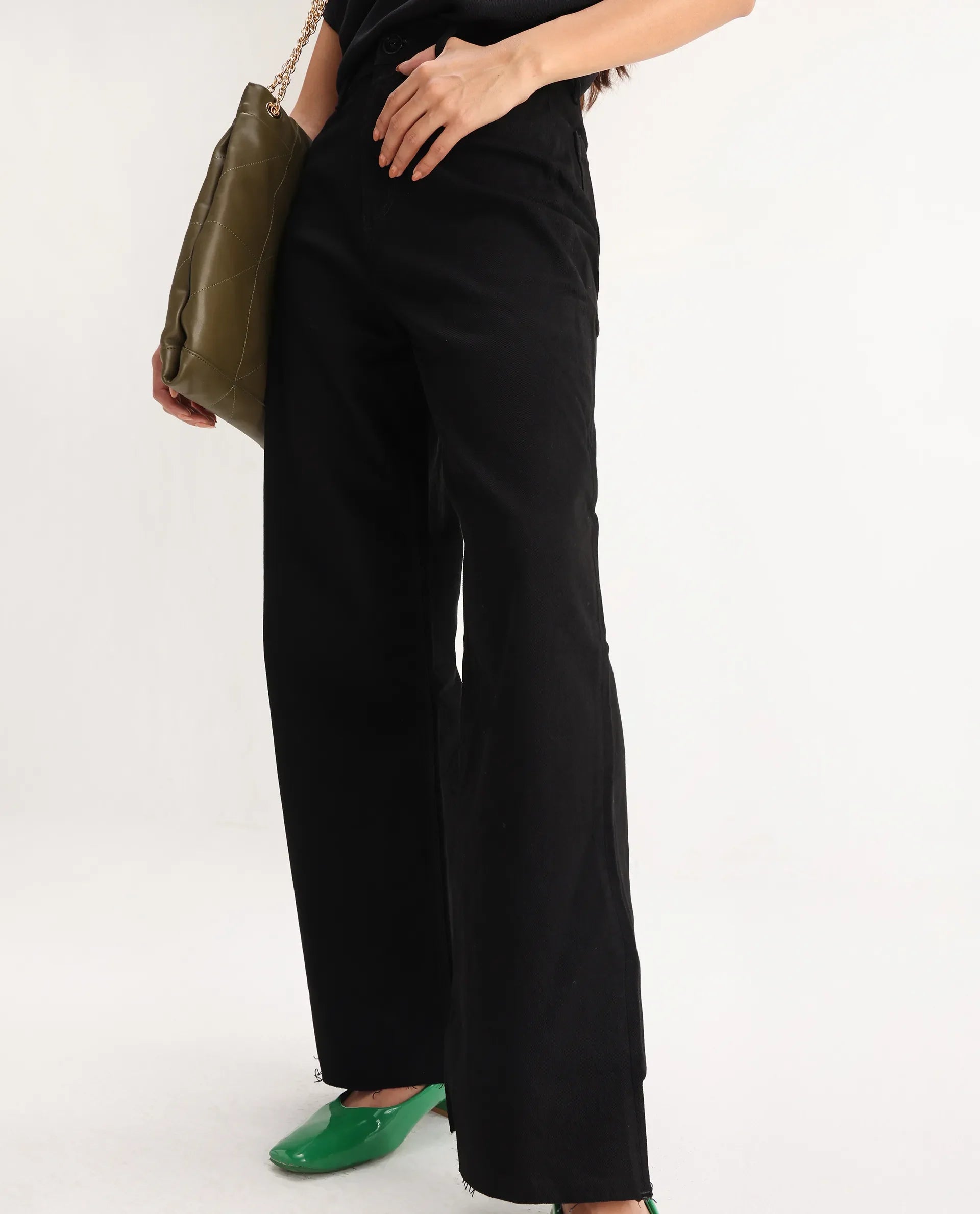 Rareism Women's Miniko Black Cotton Blend Plain Ankle Length Effortless Wide Jeans