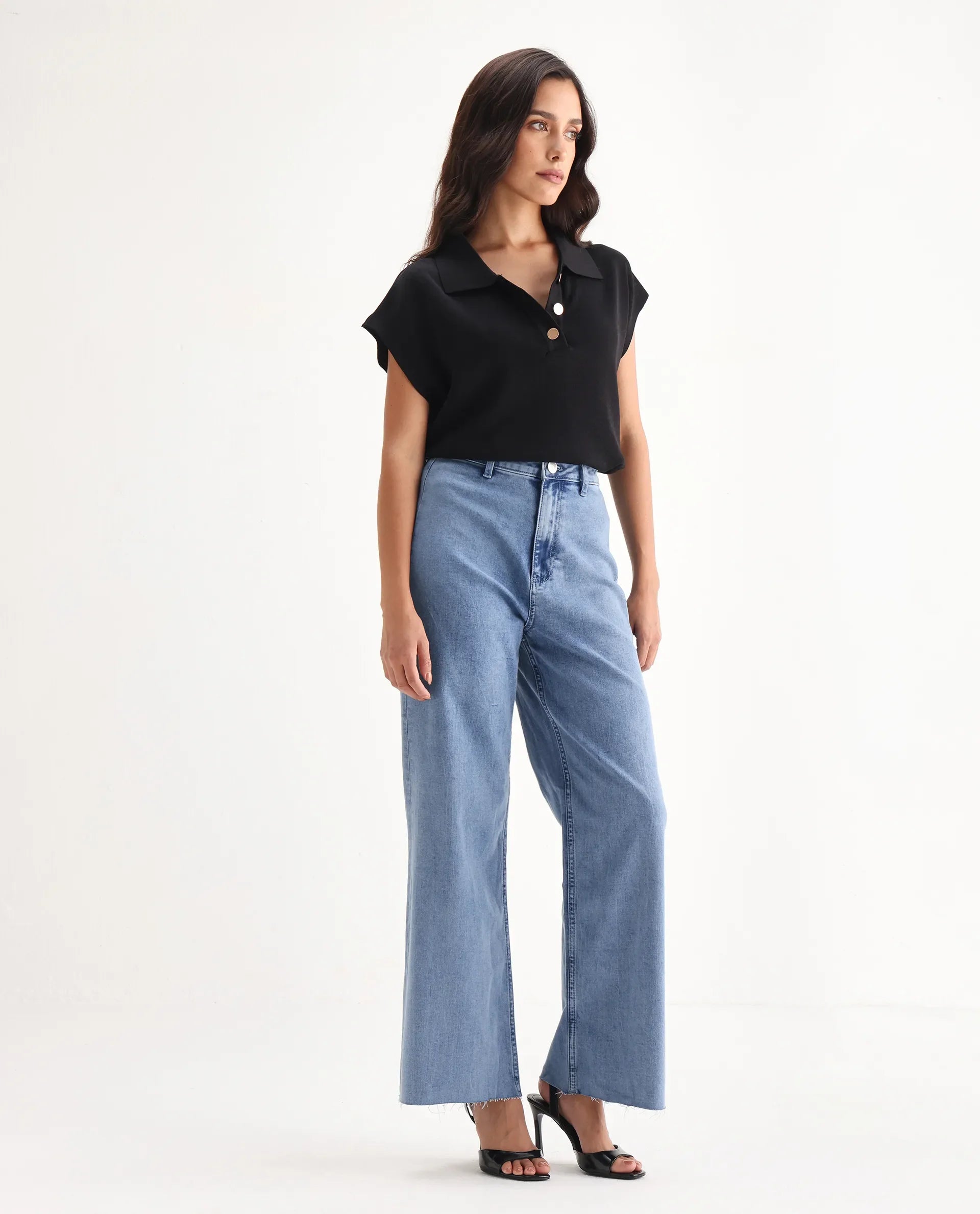 Rareism Women's Miniko Light Blue Cotton Blend Plain Ankle Length Effortless Wide Jeans