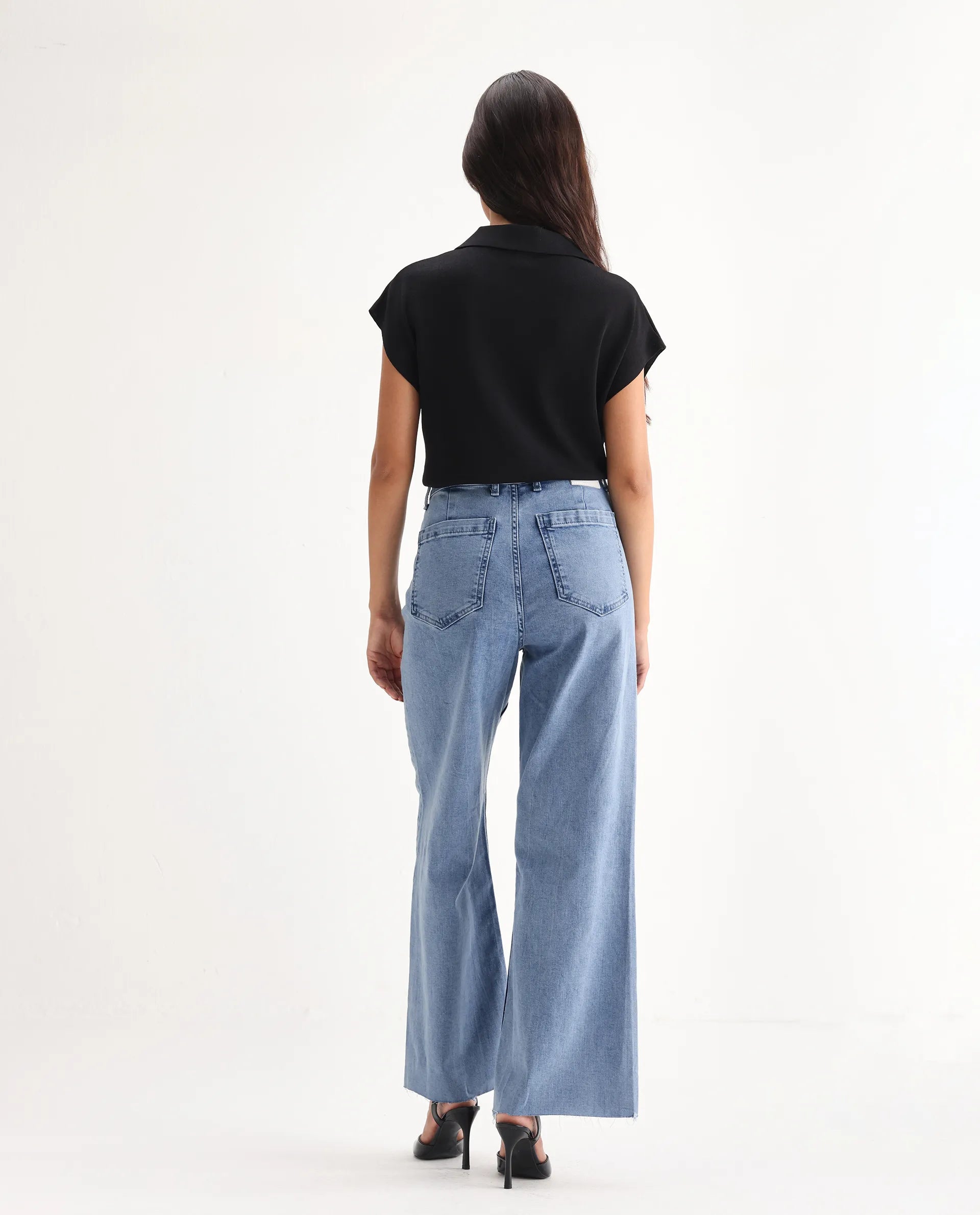 Rareism Women's Miniko Light Blue Cotton Blend Plain Ankle Length Effortless Wide Jeans