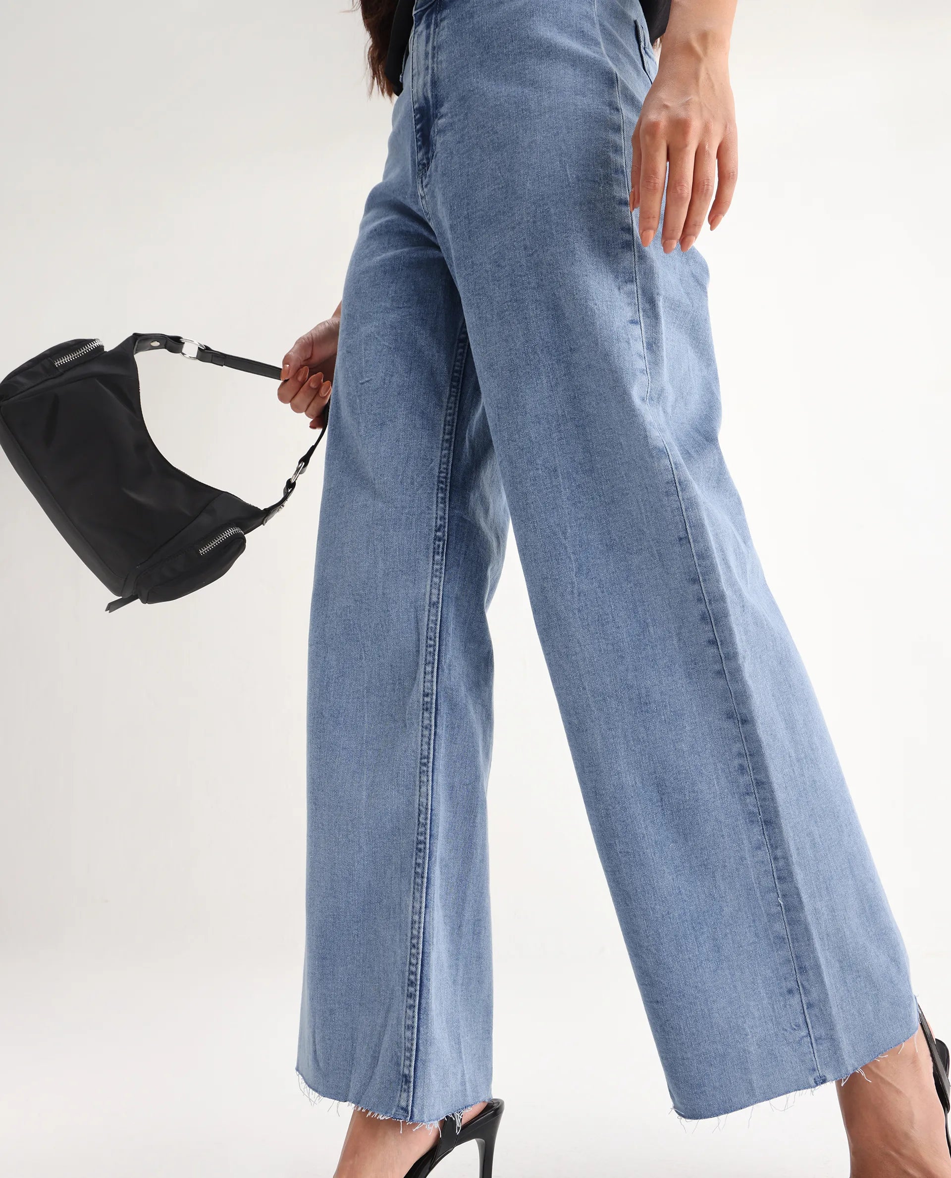 Rareism Women's Miniko Light Blue Cotton Blend Plain Ankle Length Effortless Sculpt high wide Jeans