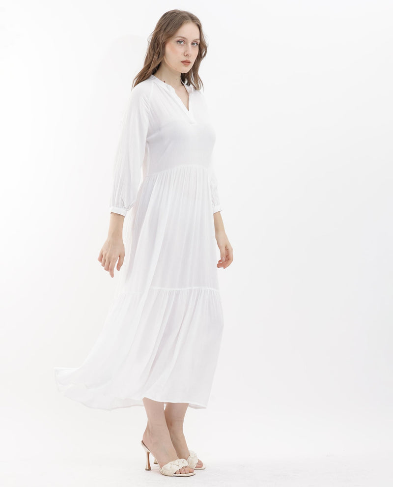 Rareism Women Miltry Light White Viscose Fabric Full Sleeves Mandarin Collar Raglan Sleeve Fit And Flare Plain Maxi Dress