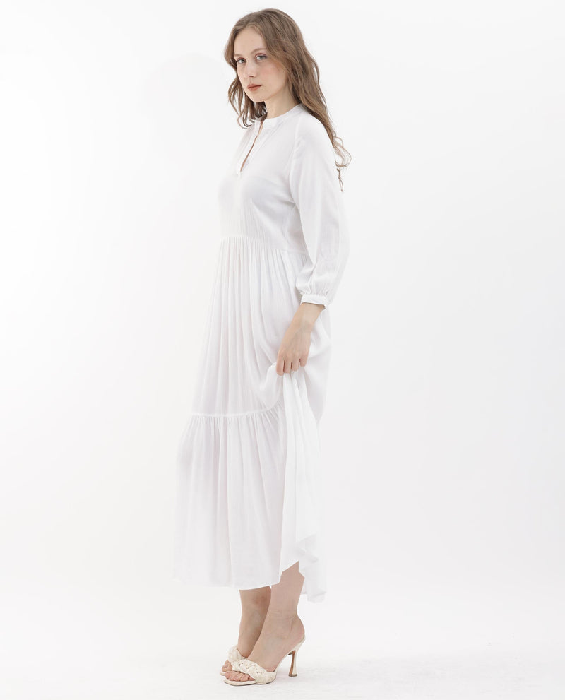 Rareism Women Miltry Light White Viscose Fabric Full Sleeves Mandarin Collar Raglan Sleeve Fit And Flare Plain Maxi Dress