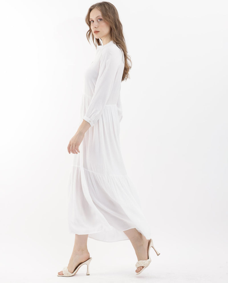 Rareism Women Miltry Light White Viscose Fabric Full Sleeves Mandarin Collar Raglan Sleeve Fit And Flare Plain Maxi Dress