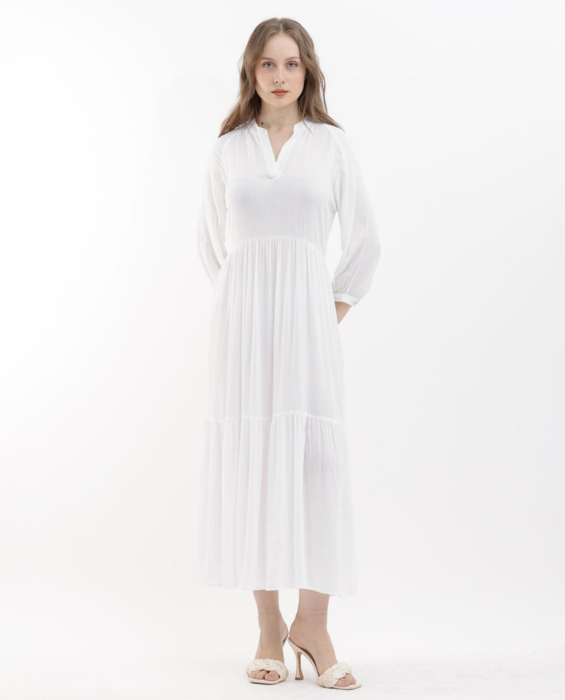 Rareism Women Miltry Light White Viscose Fabric Full Sleeves Mandarin Collar Raglan Sleeve Fit And Flare Plain Maxi Dress